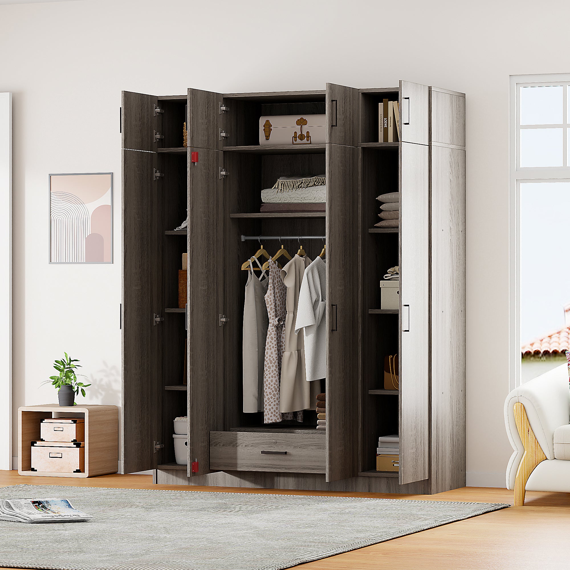 4-Door Wardrobe with 1 Drawer and Top Cabinet , Gray