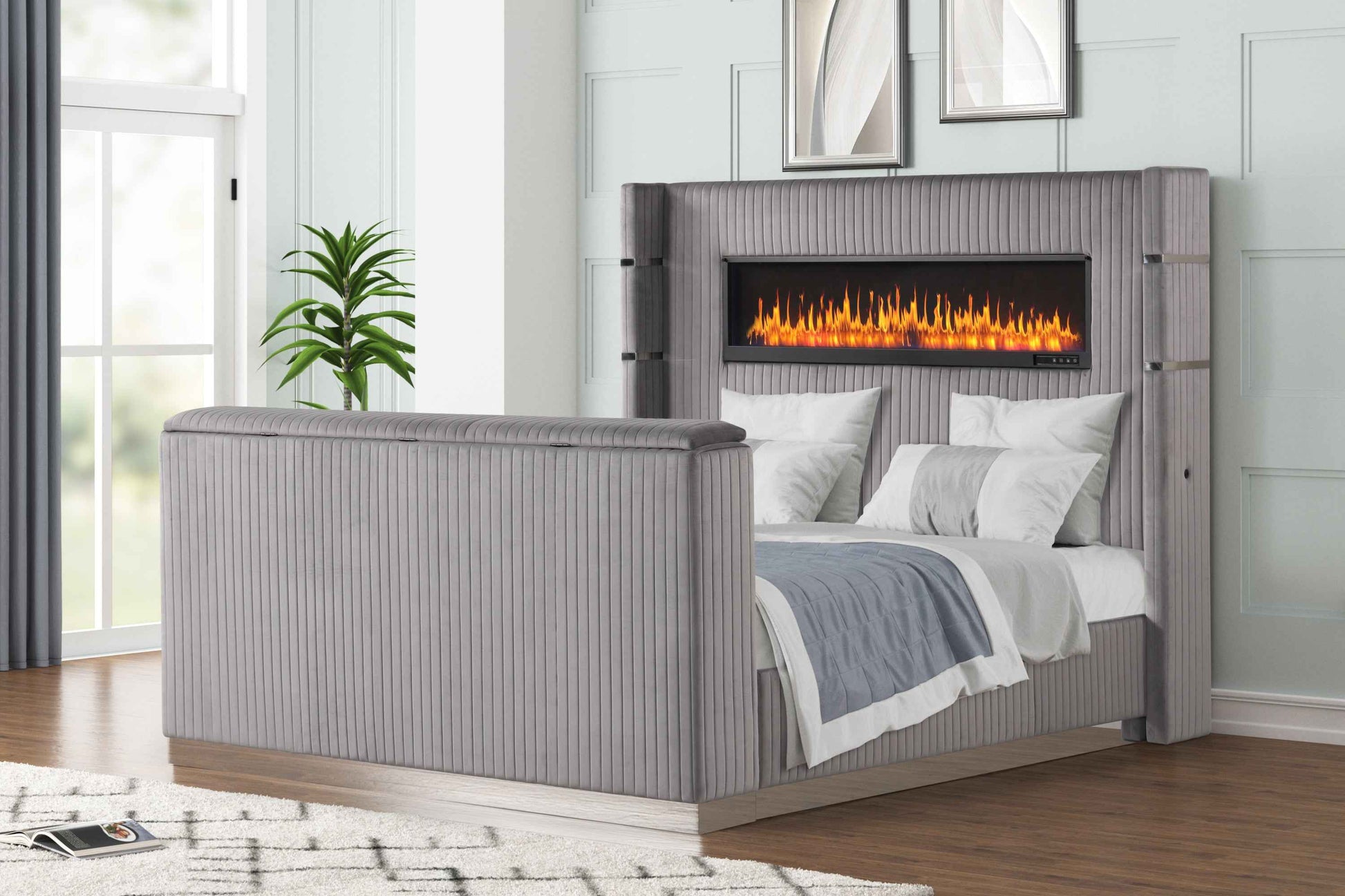 Lavish Modern Style Queen Bed Made with Fireplace in Headboard & TV stand in Footboard with Wood in Grey (NJ Inventory)