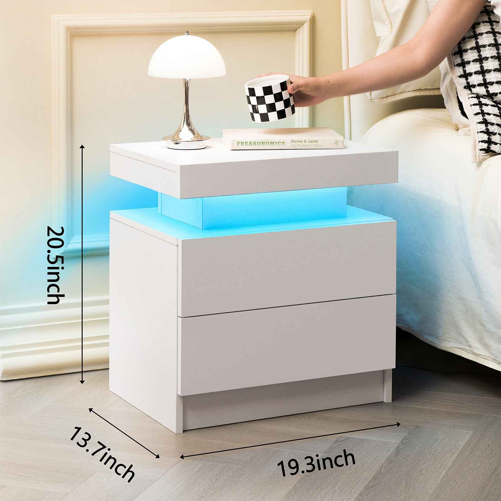 LED Nightstands Set of 2, Bedside Table Cabinet Lights Modern End Side with 2 Drawers for Bedroom (White)