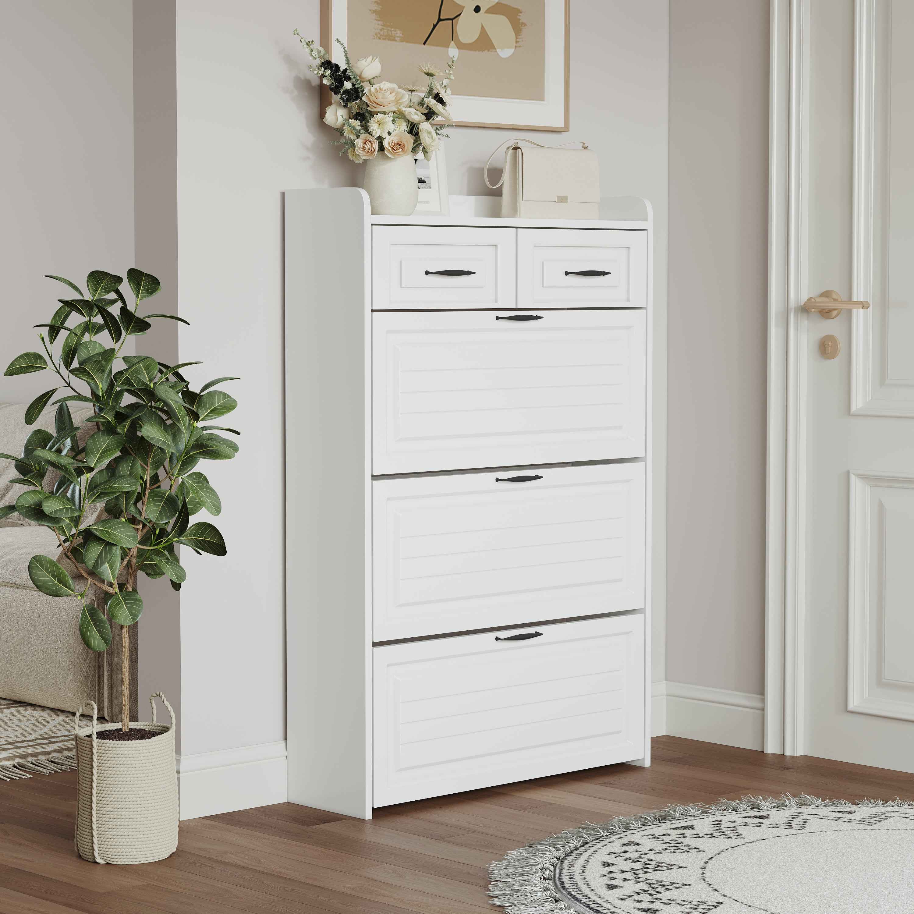 1250 White color shoe cabinet  with 3 doors 2 drawers,large space for storage