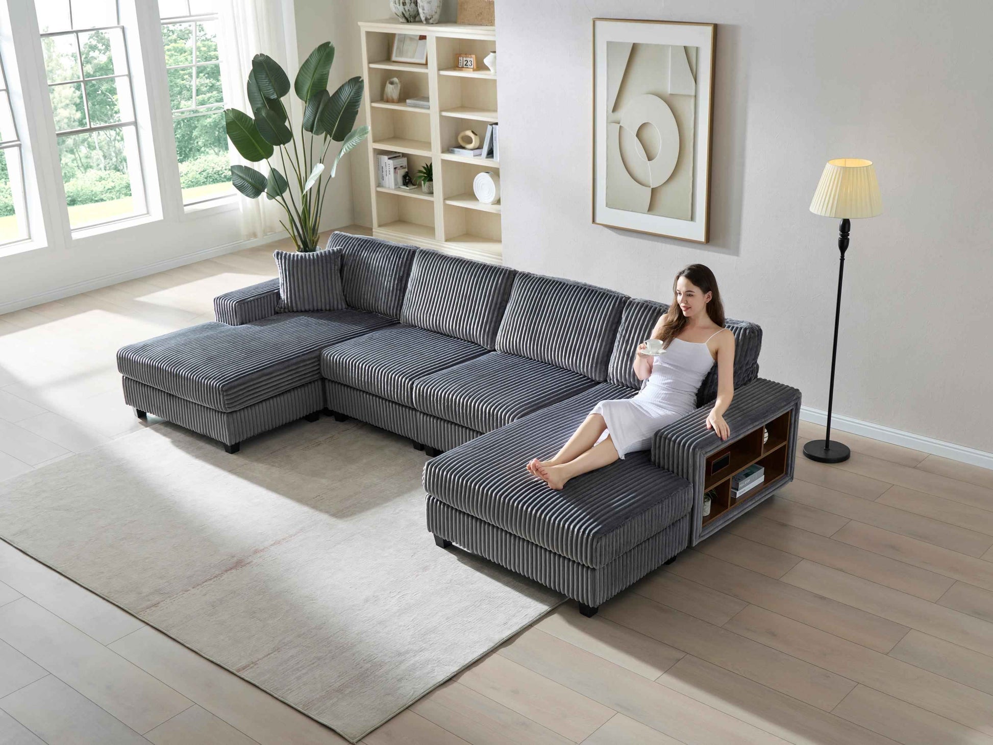 Convertible U-shaped Combination Sofa, Corduroy Fabric, Modern Comfortable Large Size 4 Seat Sofa, Living Room Double Lounge Chair , Dark Grey
