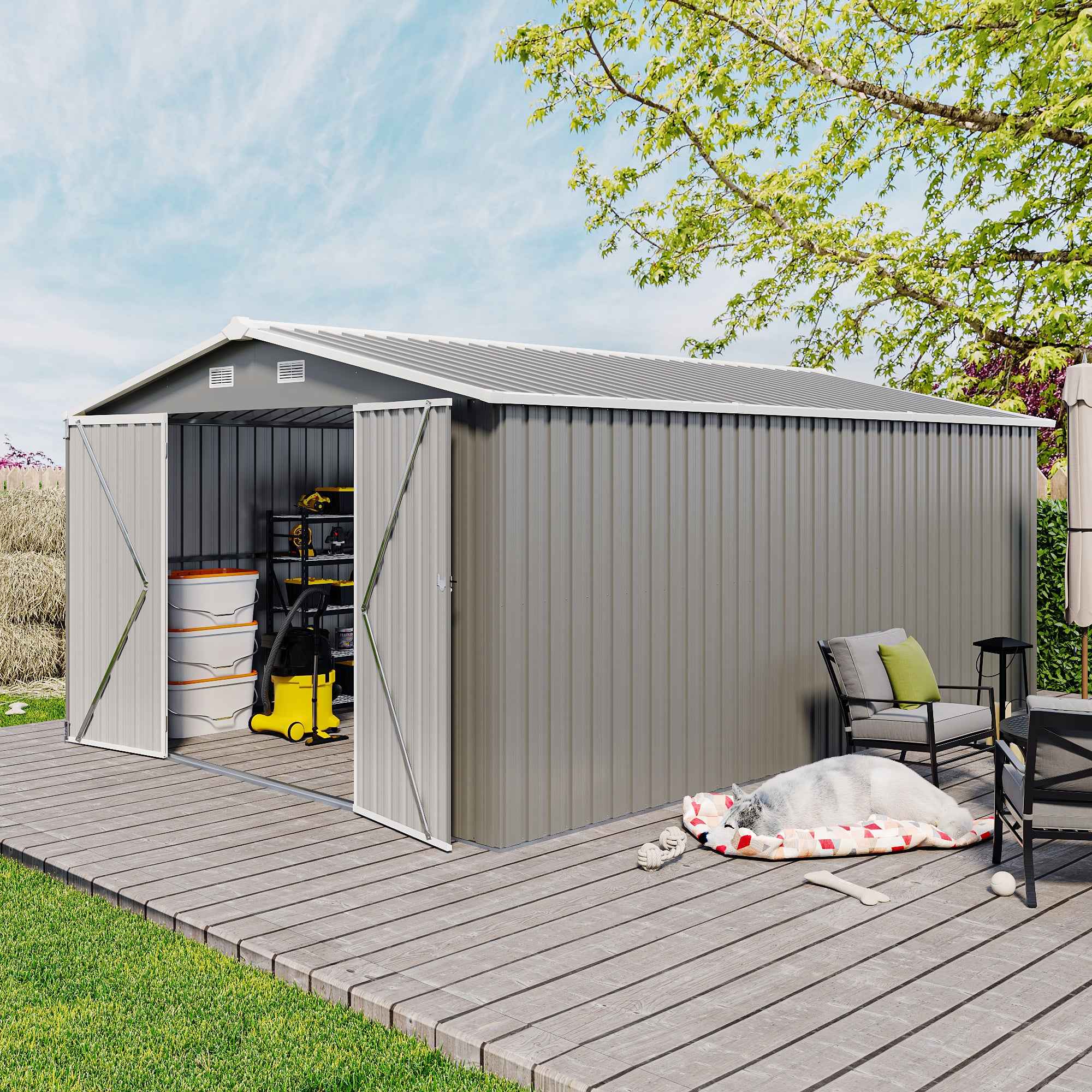 Campcraft  Outdoor Storage Shed 10×14 FT with 3 Lockable Doors,4 Air Vents & Sloped Roof,Utility Tool Shed Metal Storage Garden Sheds  Frame and 4 Vents,for Backyard,Patio,Lawn,Light Grey