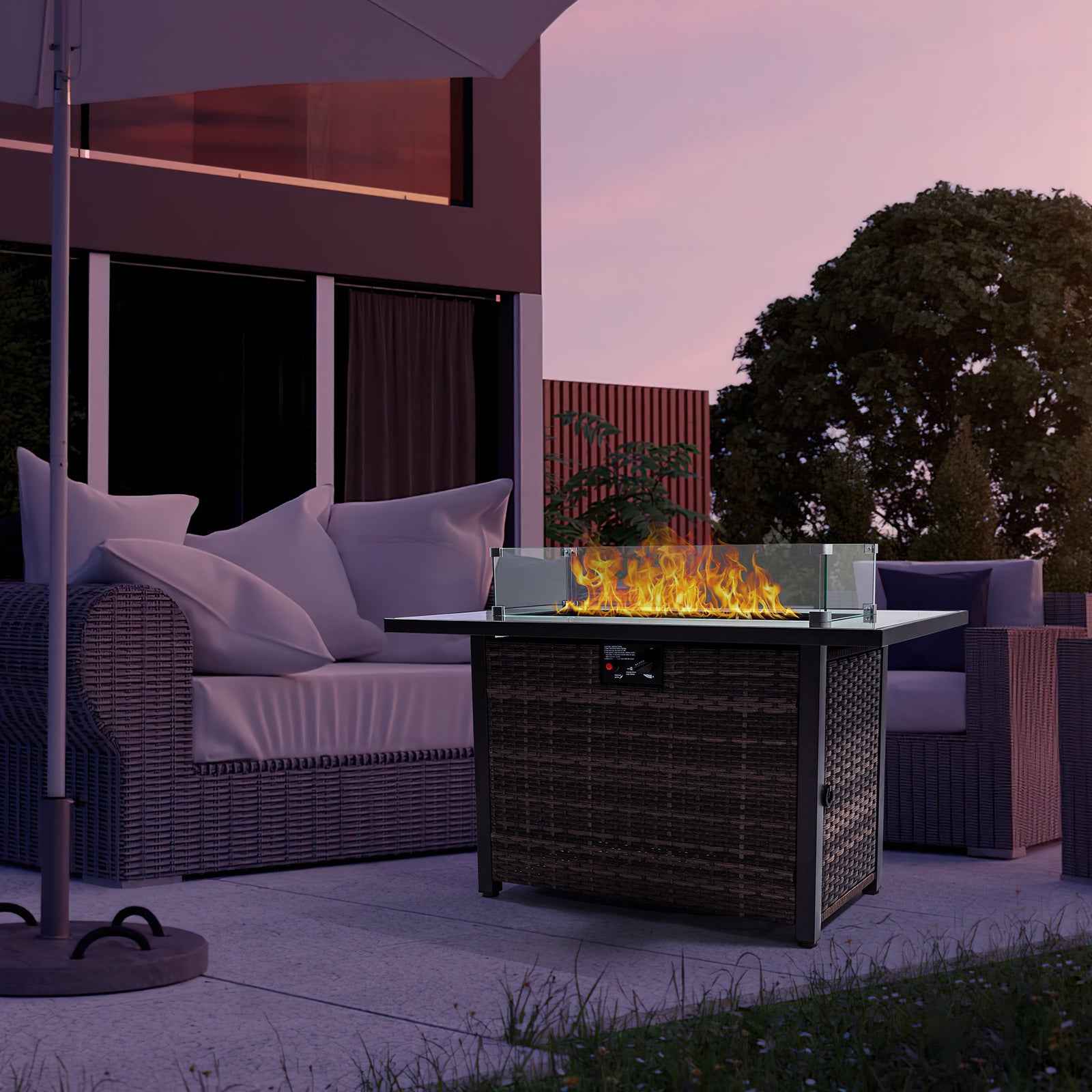 Outdoor Fire Pit 50,000 BTU Propane Gas Fire Table with Lid Fireplace with Glass Wind Guard Wicker Base for Garden, Patio, Backyard, 44'