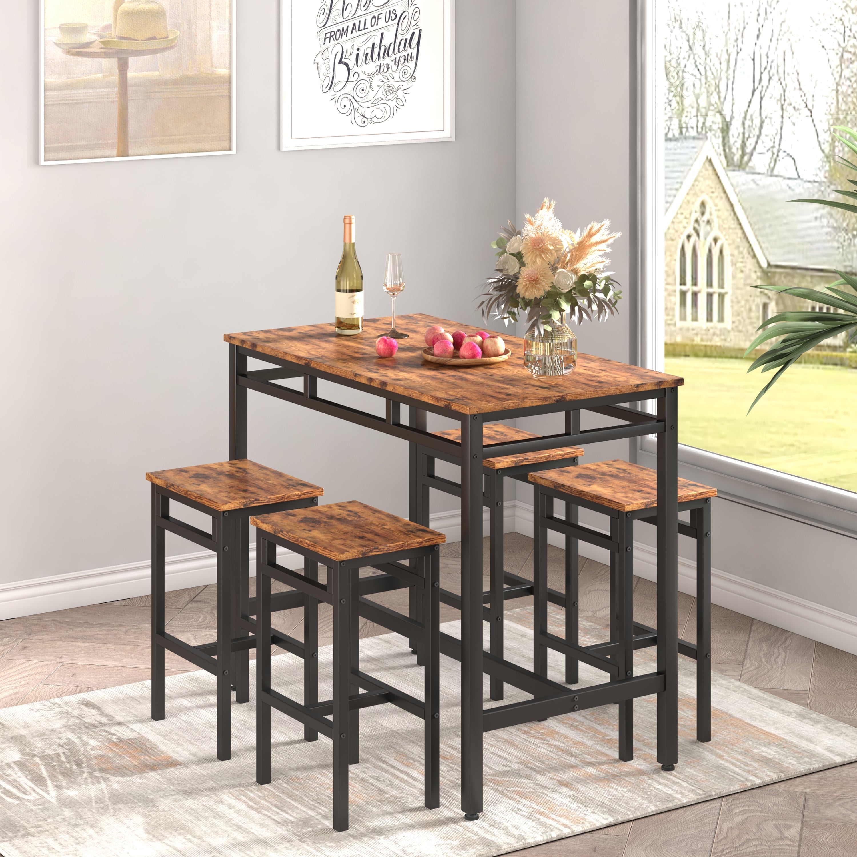 Bar table set 5PC Dinging table set with high stools, structural strengthening, industrial style. Rustic Brown, 43.31'' L x 23.62'' W x 35.43'' H.