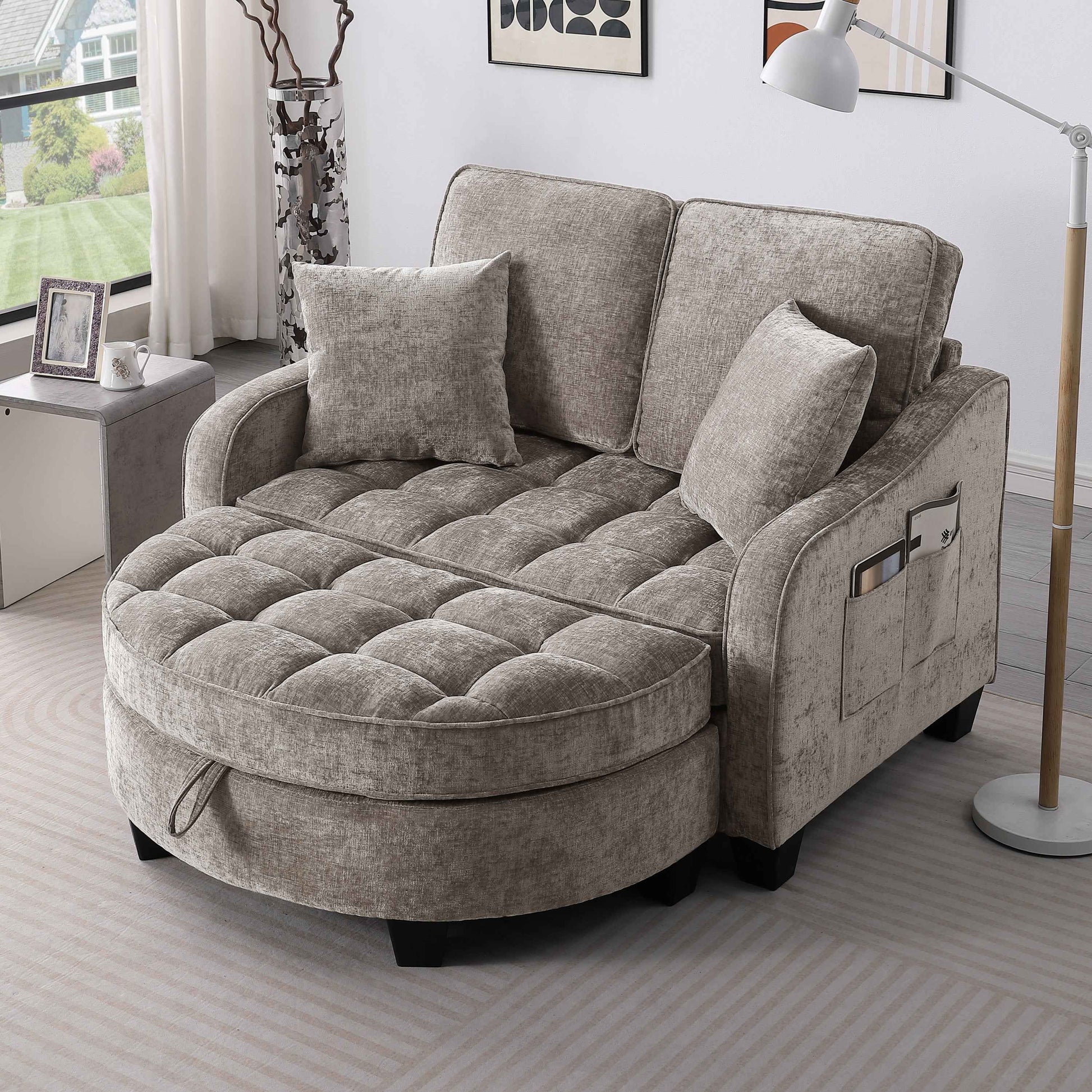 Two-seater sofa, double sofa chaise longue, with irregular armrests and backrests, footrest with storage space, comes with two small throw pillows, suitable for living room and bedroom - Brown