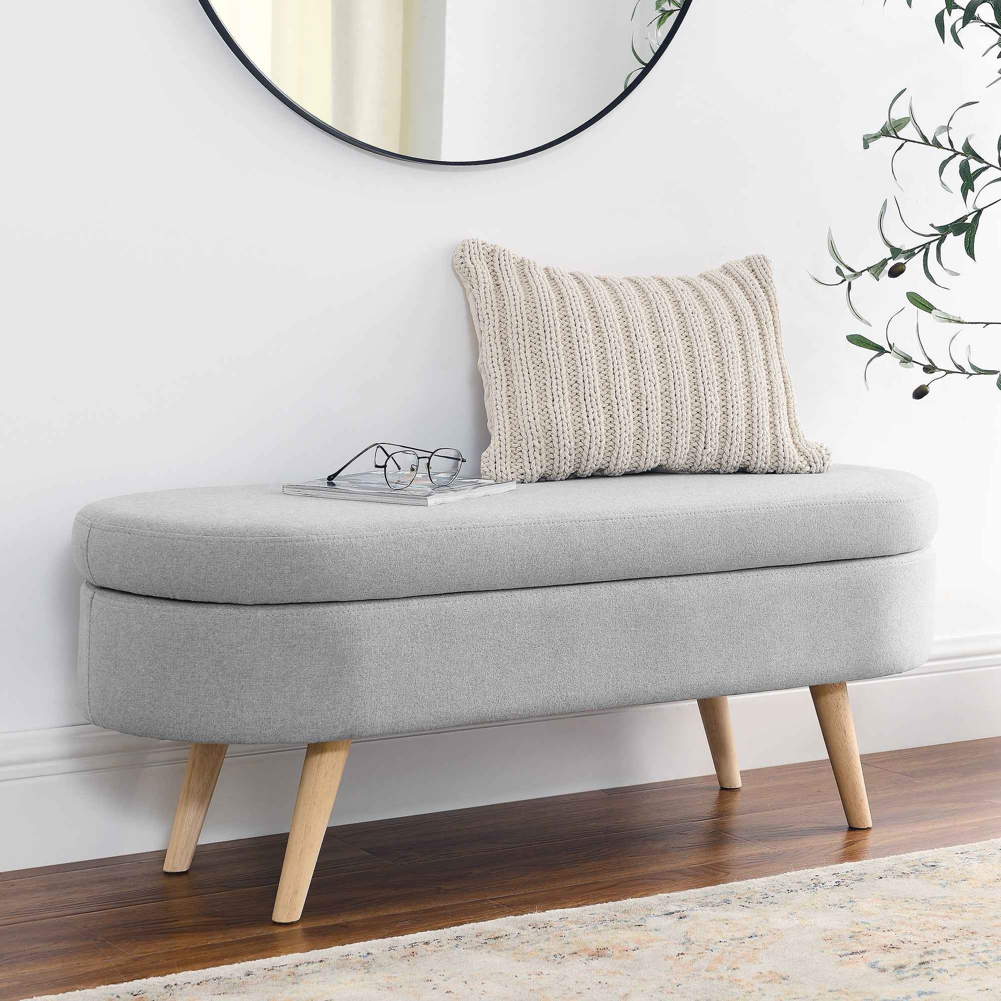 Ottoman Oval Storage Bench with Rubber Wood Legs, Grey Linen, 43.5'x16'x16'
