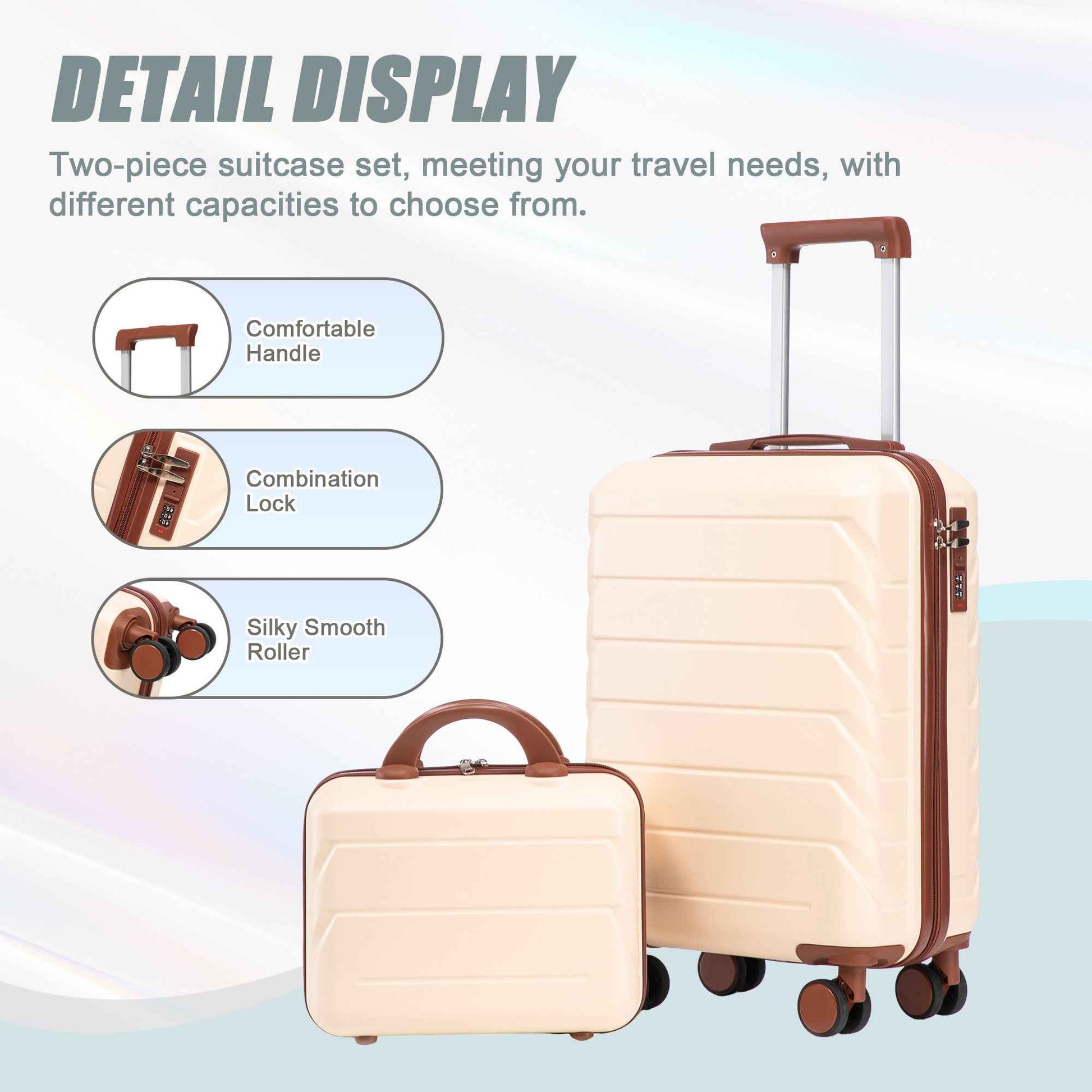 14'/20' 2 pcs/set in ABS Spinner Wheel Luggage, with Combination Lock,14' Cosmetic Case (Beige)