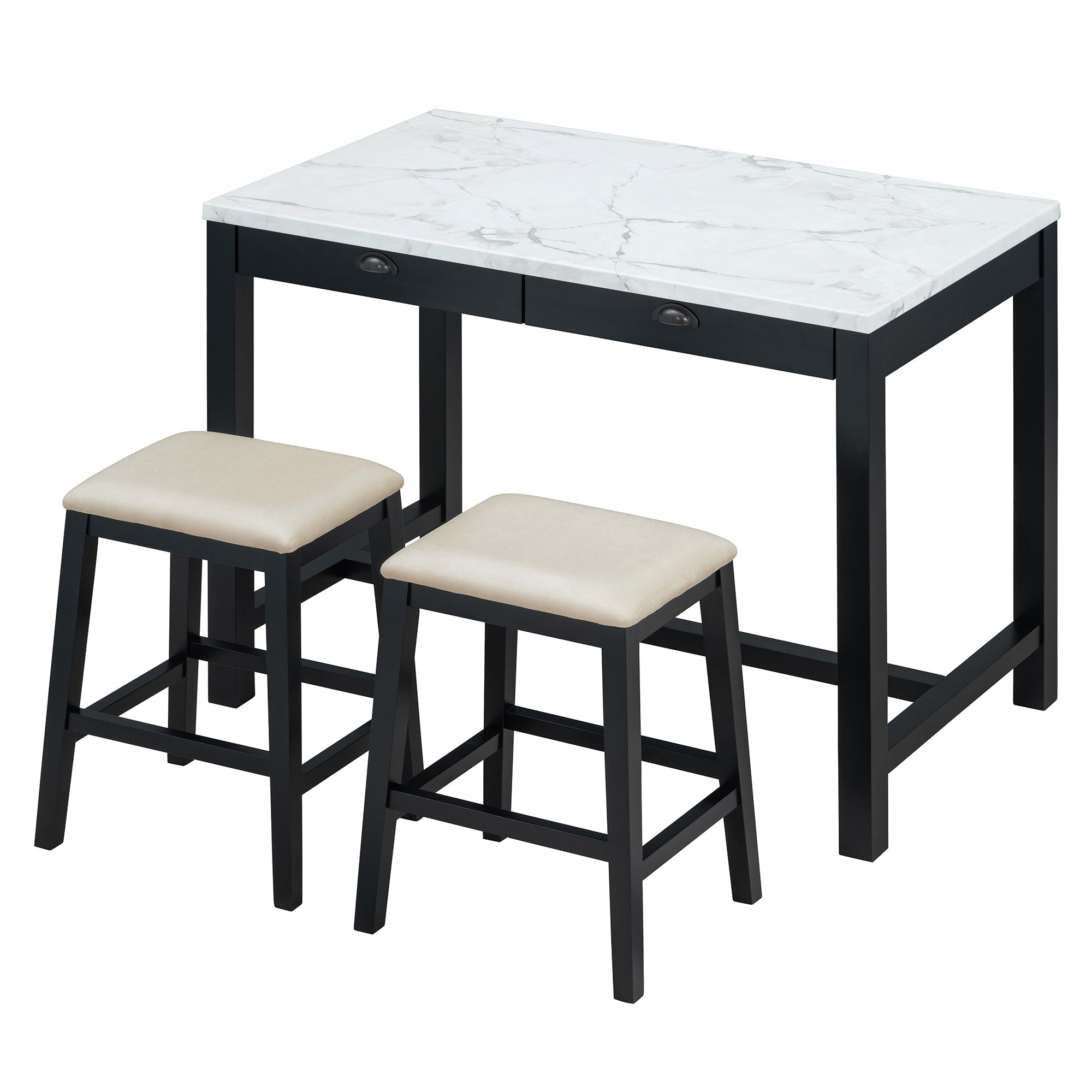 TREXM 3-Piece Modern Faux Marble Versatile Bar Table Set with Storage Drawers and Padded Stools, Ideal for Space-Saving Dining Nooks or Small Kitchens (Black)