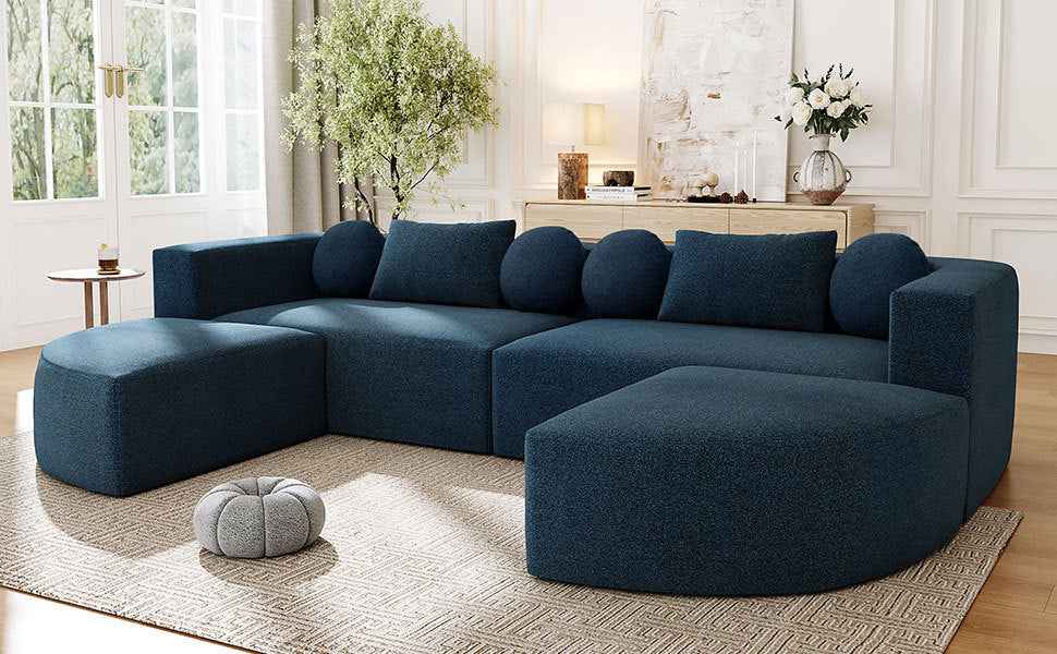 Boneless Couch Modular Sectional Sofa with Deep Seating and Curved Design in Blue Boucle, 114.9 Inches