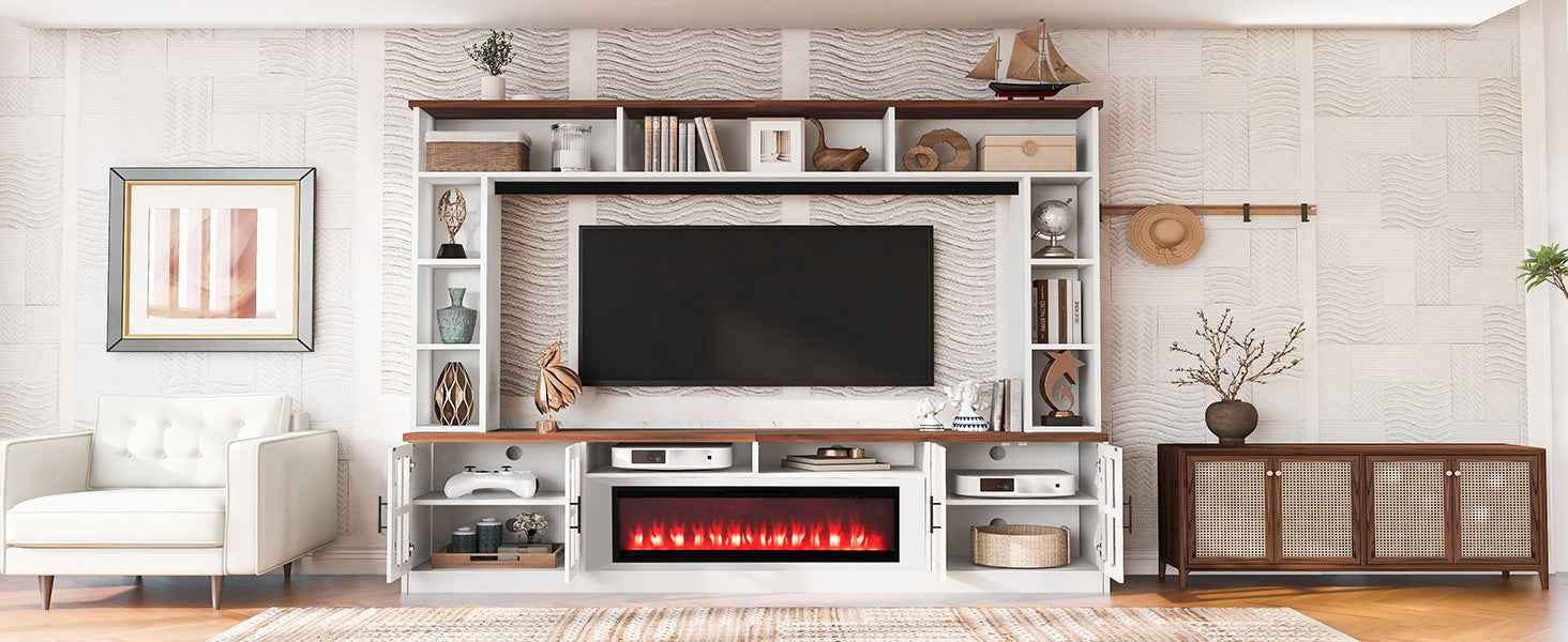 U-Can 95.5' W Wall Unit Entertainment Center with Bookshelves for TVs up to 80', Modern TV Stand Media Console with electric fireplace  Cabinets,  and Adjustable Shelves for Living Room