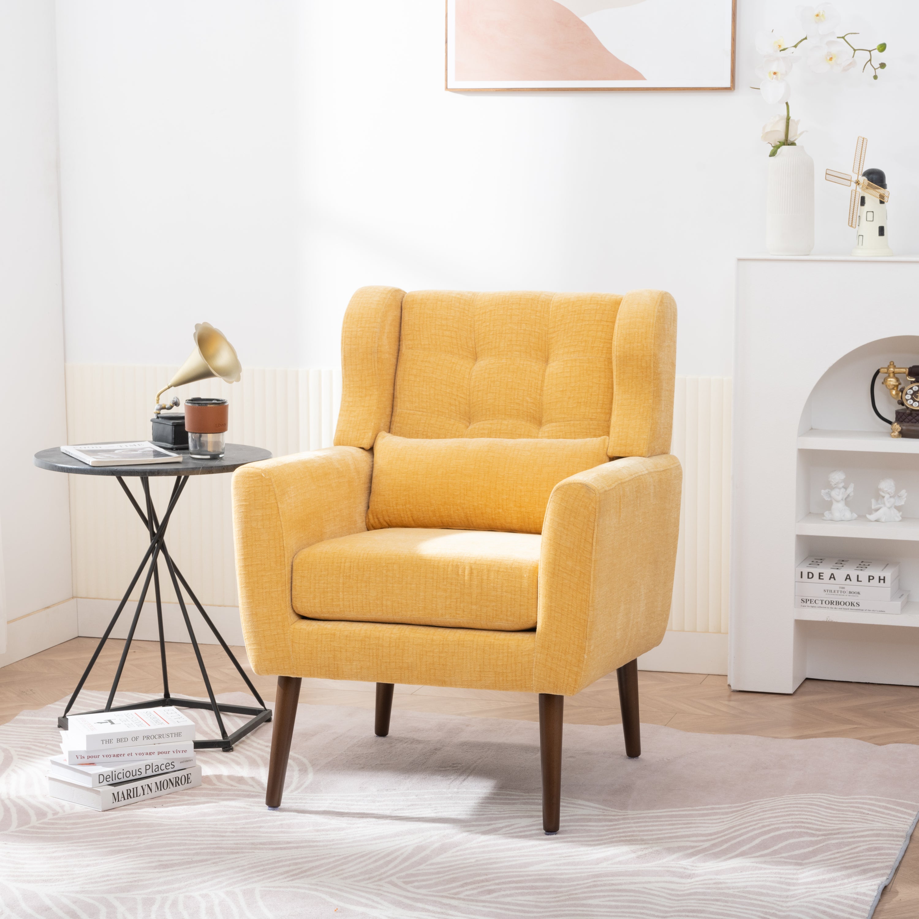 Modern Accent Chair Upholstered Foam Filled Living Room Chairs Comfy Reading Chair Mid Century Modern Chair with Chenille Fabric Lounge Arm Chairs Armchair for Living Room Bedroom (Yellow)