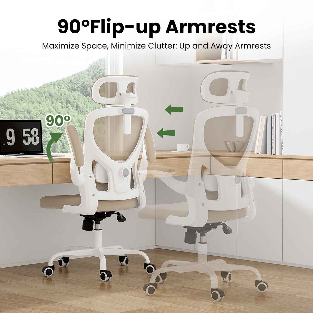 Ergonomic Office Chair, Home Office Desk Chair with Headrest, High Back Computer Chair with Armrests and Adjustable Lumbar Support for Home Office Study Room, White & Khaki