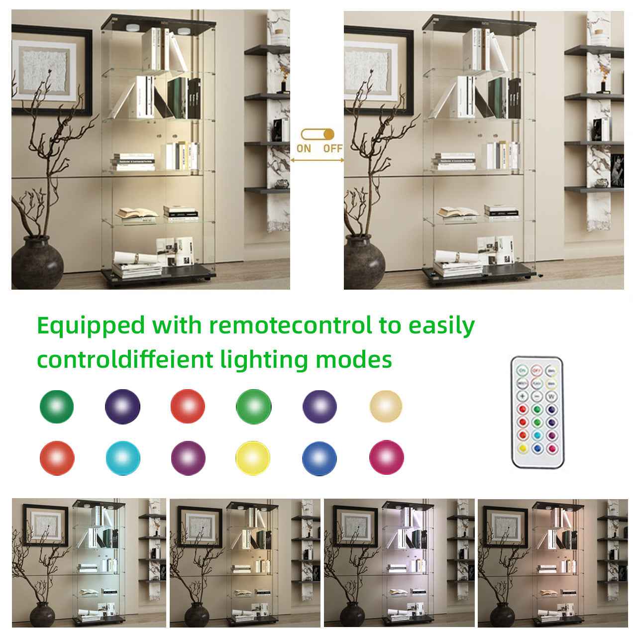 Tempered glass display cabinet,liquorcabinet,storagecabinet,filecabinet,with paipai lights,with locks,bottom equipped with adjustable feet,suitable for uneven,living room bedroom,corridor,office,black