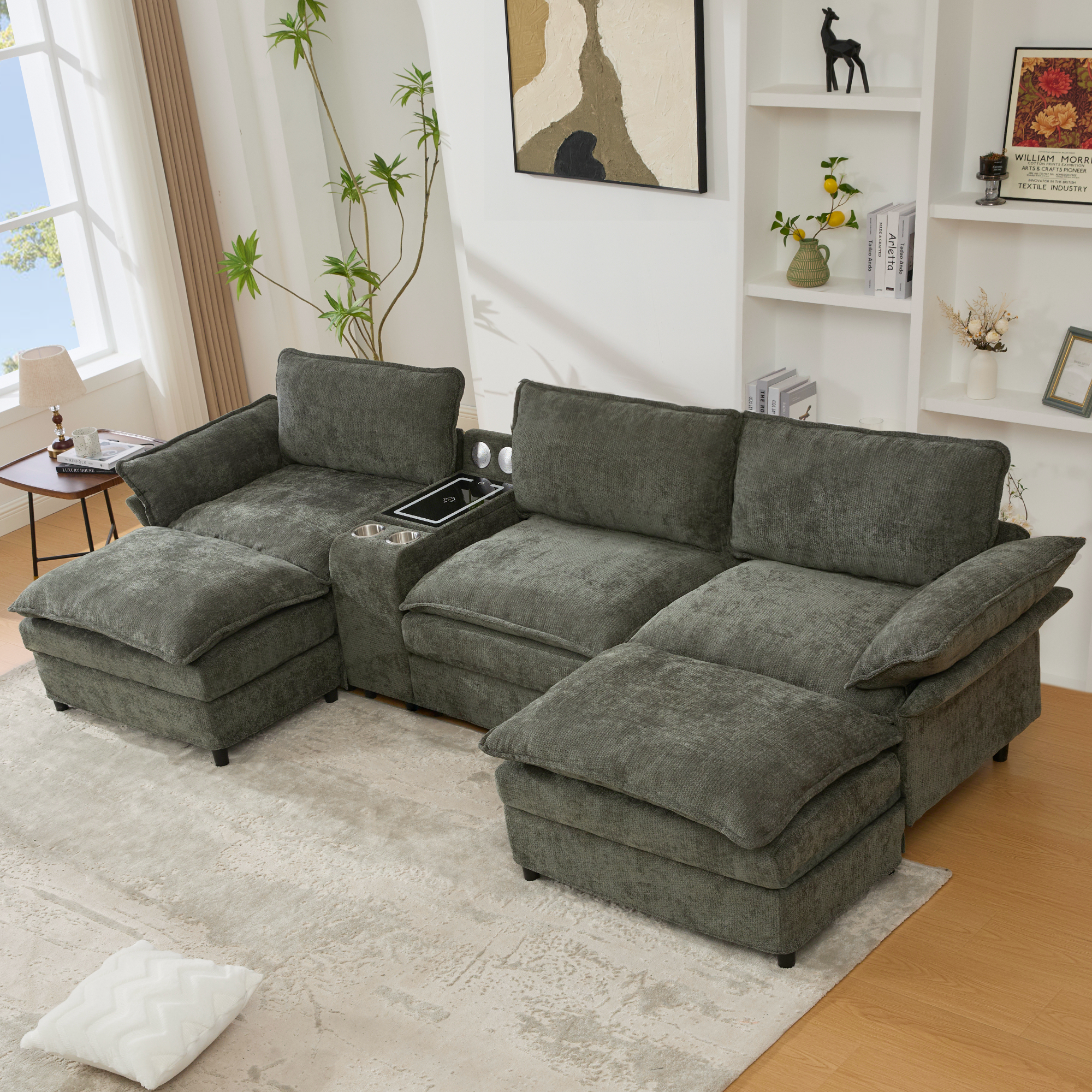 [NEW ARRIVED] [VIDEO PROVIDED]U Shaped Modular Sectional Sofa,Storage Console & Wireless Charging,2 Cup Holders,Bluetooth Speakers,2 Movable Footstools,Adjustable handrail,Movable seat,Chenille,Green