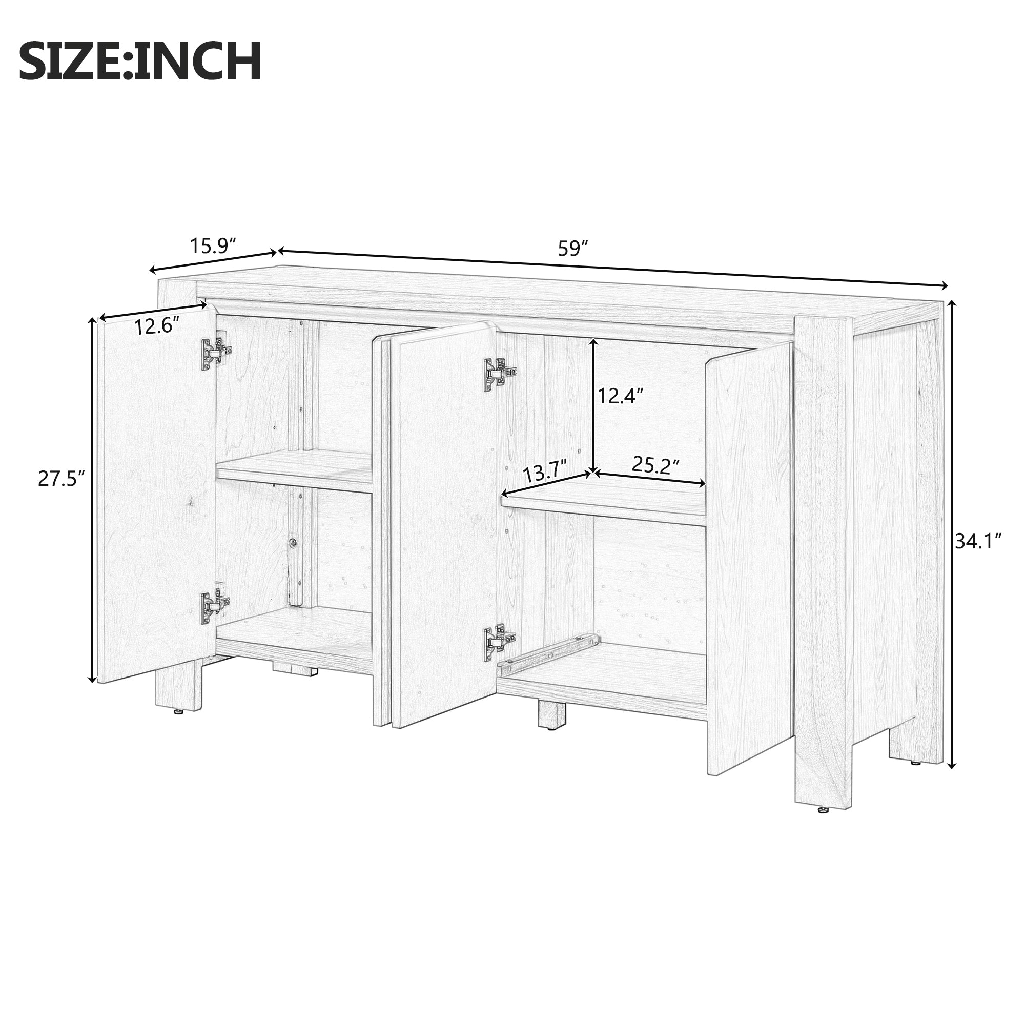 TREXM Retro 4-door Sideboard with Distressed Finish and Adjustable Shelves for Dining Room, Kitchen, and Living Room (Black)