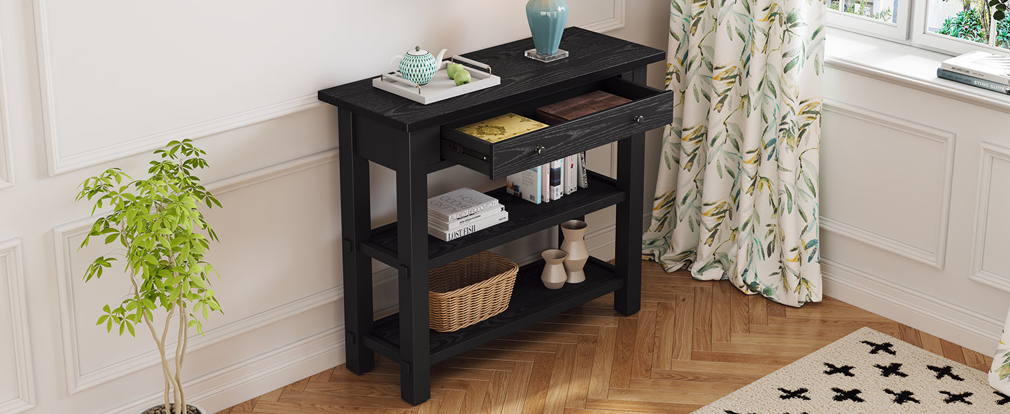 TREXM Retro Console Table with Drawer and Two Sturdy Shelves for Entryway, Living Room (Black)