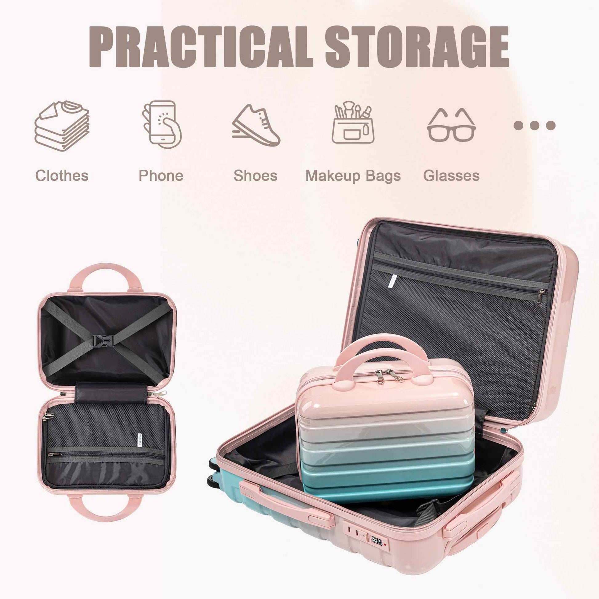 14'/20' 2 pcs/set in PC Spinner Wheel Luggage, Carry on Suitcase, With Gradient Color and Combination Lock(Blue+Pink)