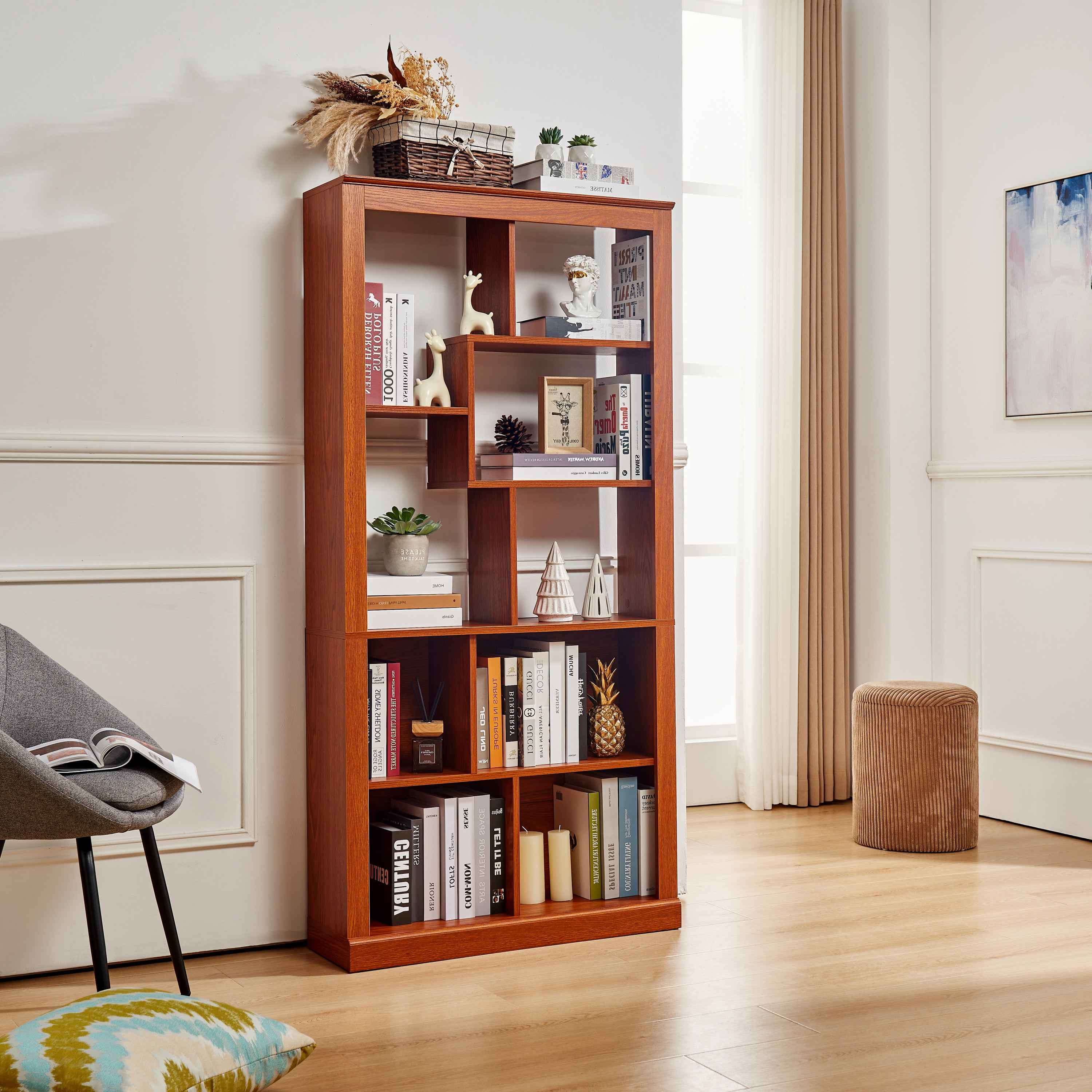 Free Combination Wood Open Bookshelf, Multi Space Display Storage Cabinet, Easy to Assemble Freestanding Bookcase with Anti-Tip Straps, Classified Storage Organizer for Living Room Bedroom Home Office