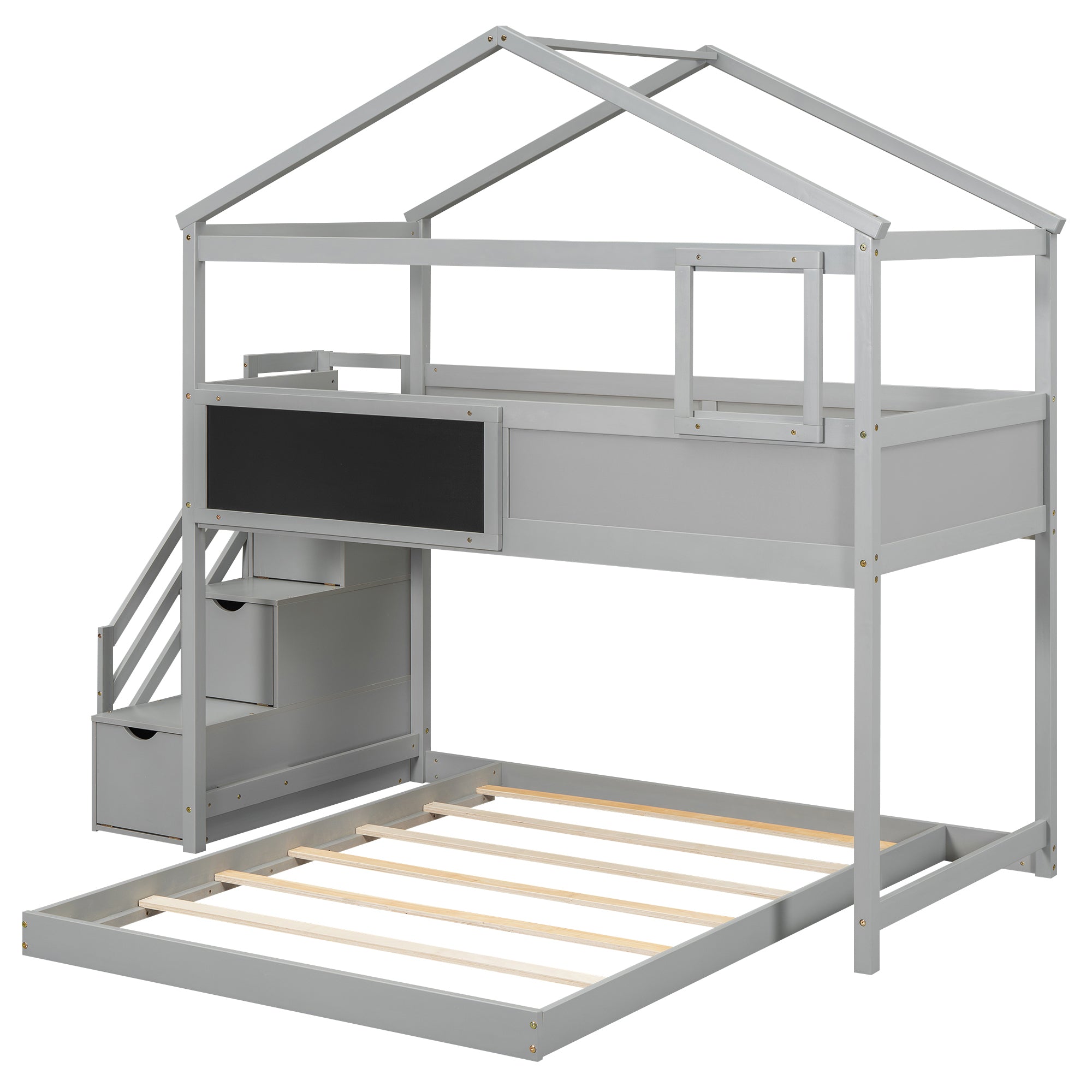 Twin over Full House Bunk Bed with Storage Staircase and Blackboard,Gray(Old SKU: GX001701AAE)