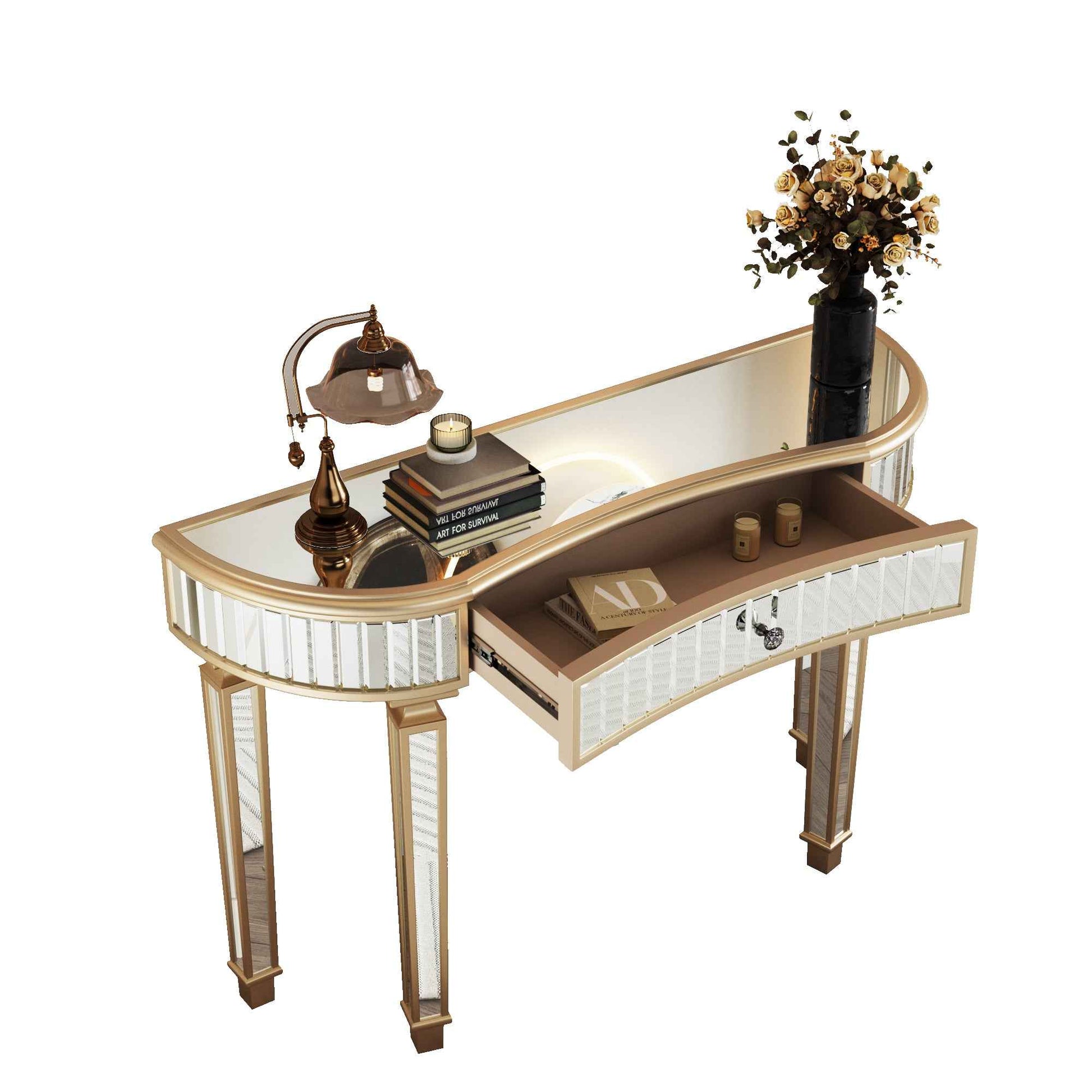 47' Half-Moon Mirrored Console Table with Fluted Glass & Crystal Knob Drawer - Silver Entryway Vanity Desk for Bedroom/Dressing Room(Gold+Sliver)