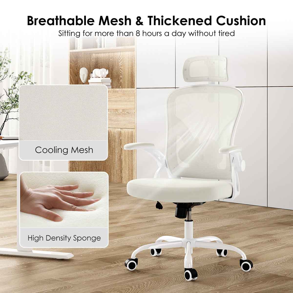 Ergonomic Office Chair, Home Office Desk Chair with Headrest, High Back Computer Chair with Armrests and Adjustable Lumbar Support for Home Office Study Room,White & White