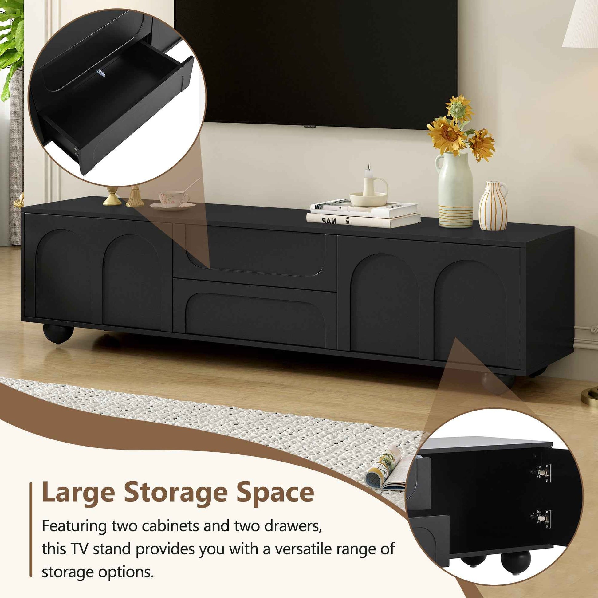 ON-TREND Cream Style TV Stand with Arched Doors & 2 Drawers for TVs up to 75', Minimalist Media Console with Rebound Device, Entertainment Center with 5 Iron Round Legs for Living Room, Bedroom, Black