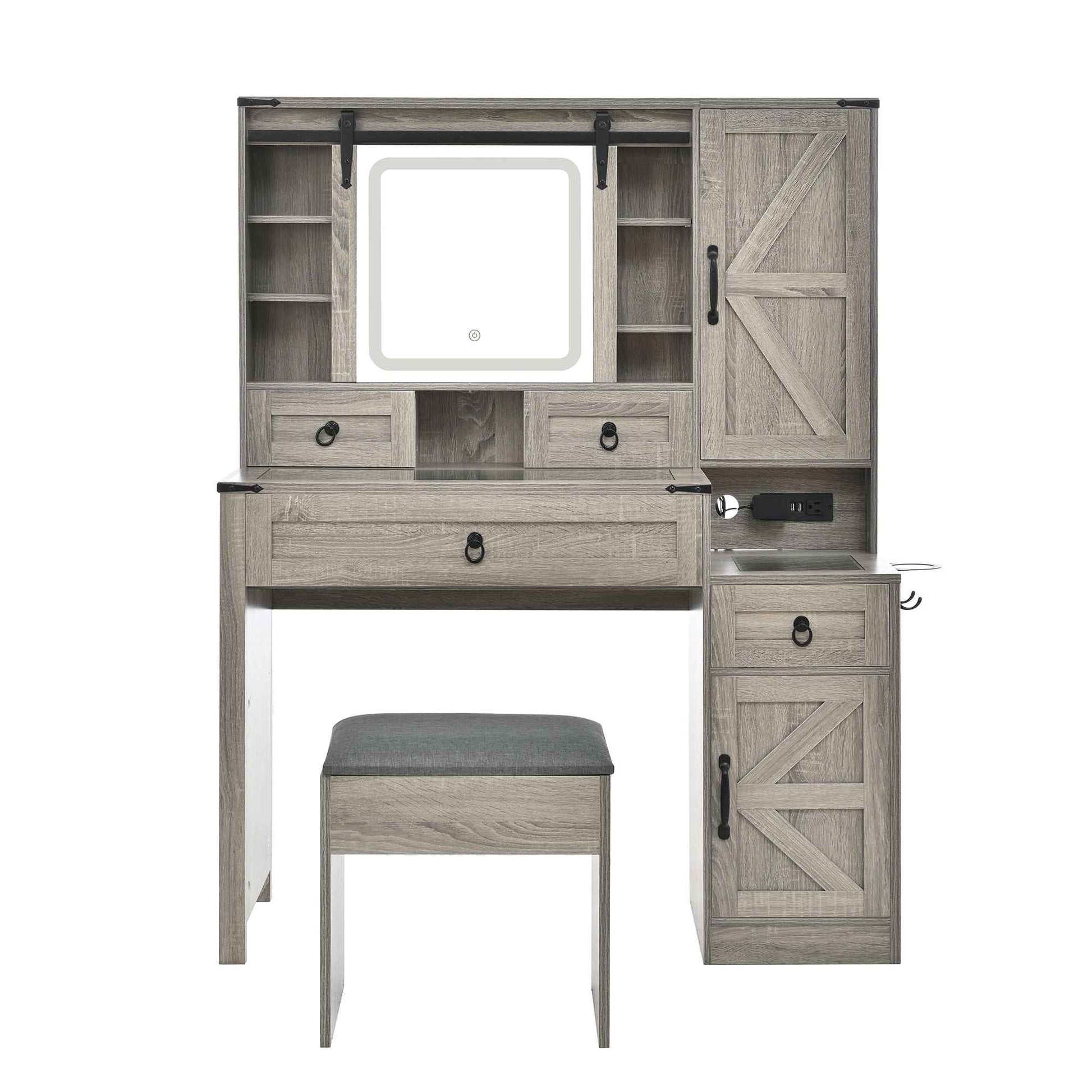 Farmhouse Vanity Desk with Sliding Mirror and Lights, Vanity Set with Glass Top and Charging Station ,Dressing Table with 4 Drawers and 2 Cabinets, Dressing Table with Stool for Bedroom, Gray