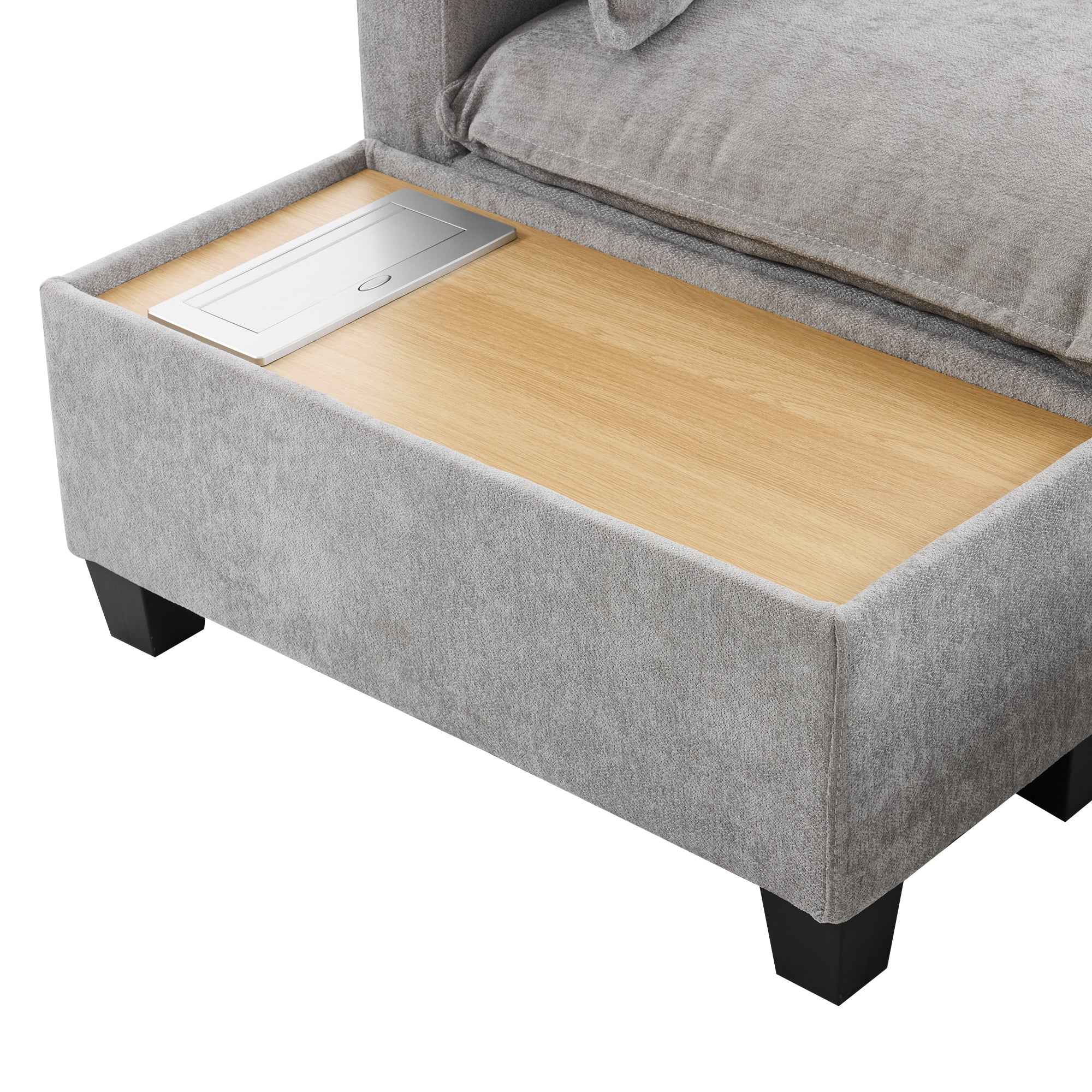 Modular 90' U-shaped Sectional Sofa with Movable Ottoman and Hidden Charging Coffee Table, Grey, Chenille