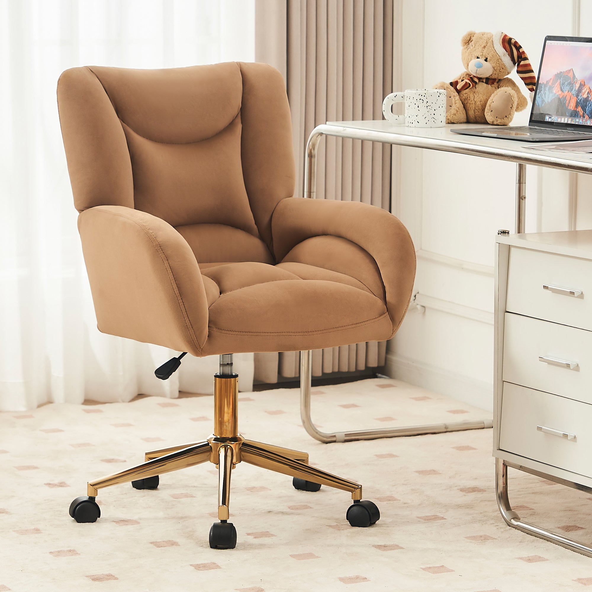 005-Velvet Fabric 360 Swivel Home Office Chair With Gold Metal Base And Universal Wheels,Coffee