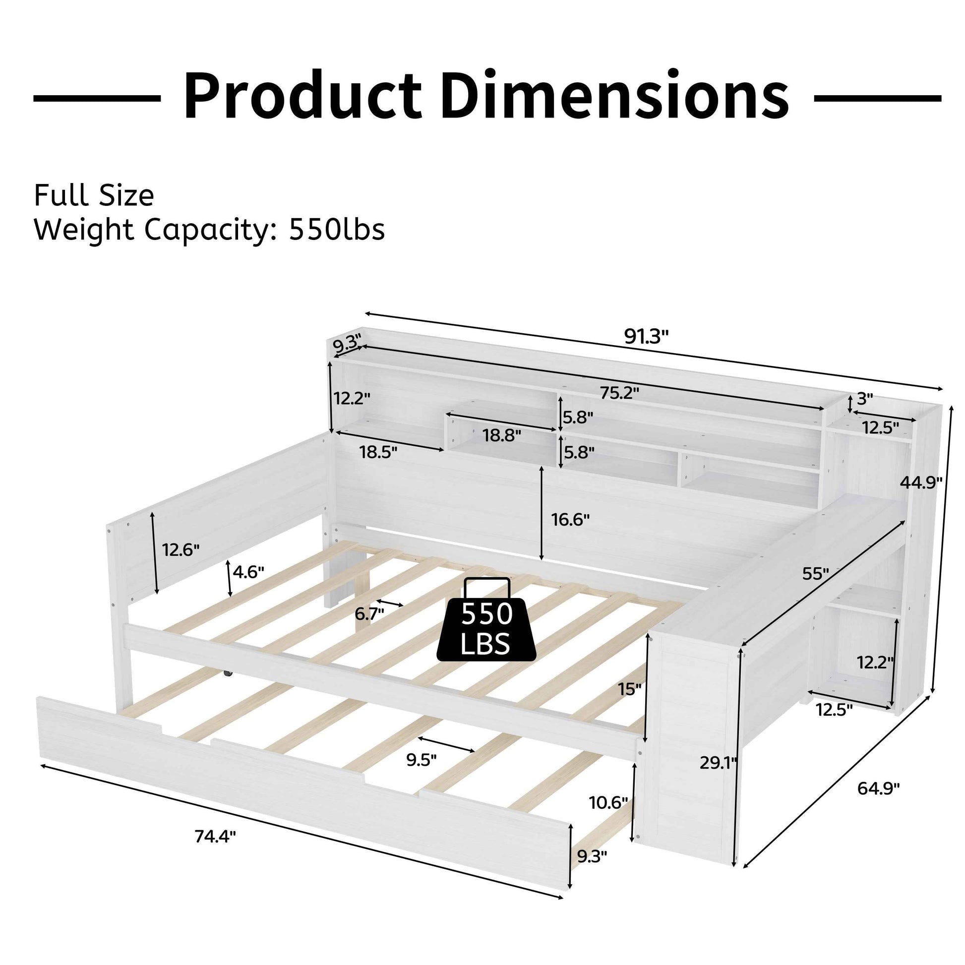 Wooden Full Size Daybed with Storage Shelves, Multi-functional Bed with Twin Size Trundle Bed and  Study Desk, Antique White