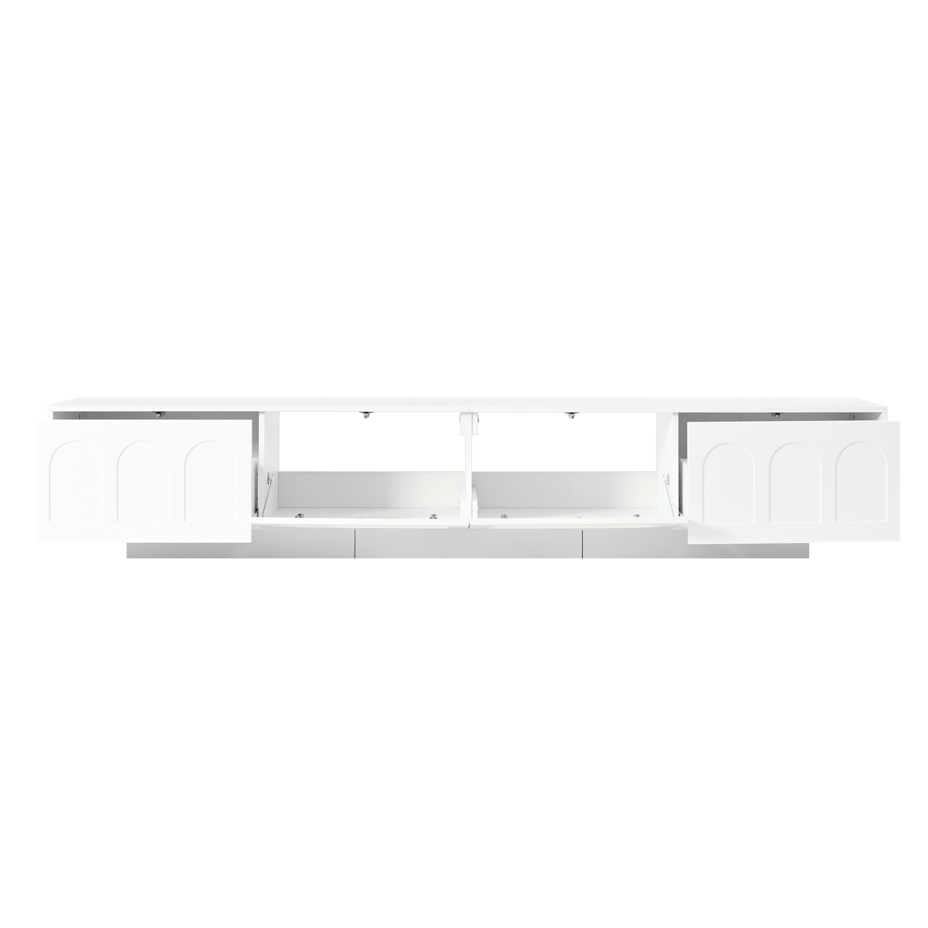 ON-TREND TV Stand with Fluted tempered Glass Doors for TVs Up to 95'', Functional Media Console with Arched Cabinet Doors, Entertainment Center with APP-Controlled LED Light for Living Room, White