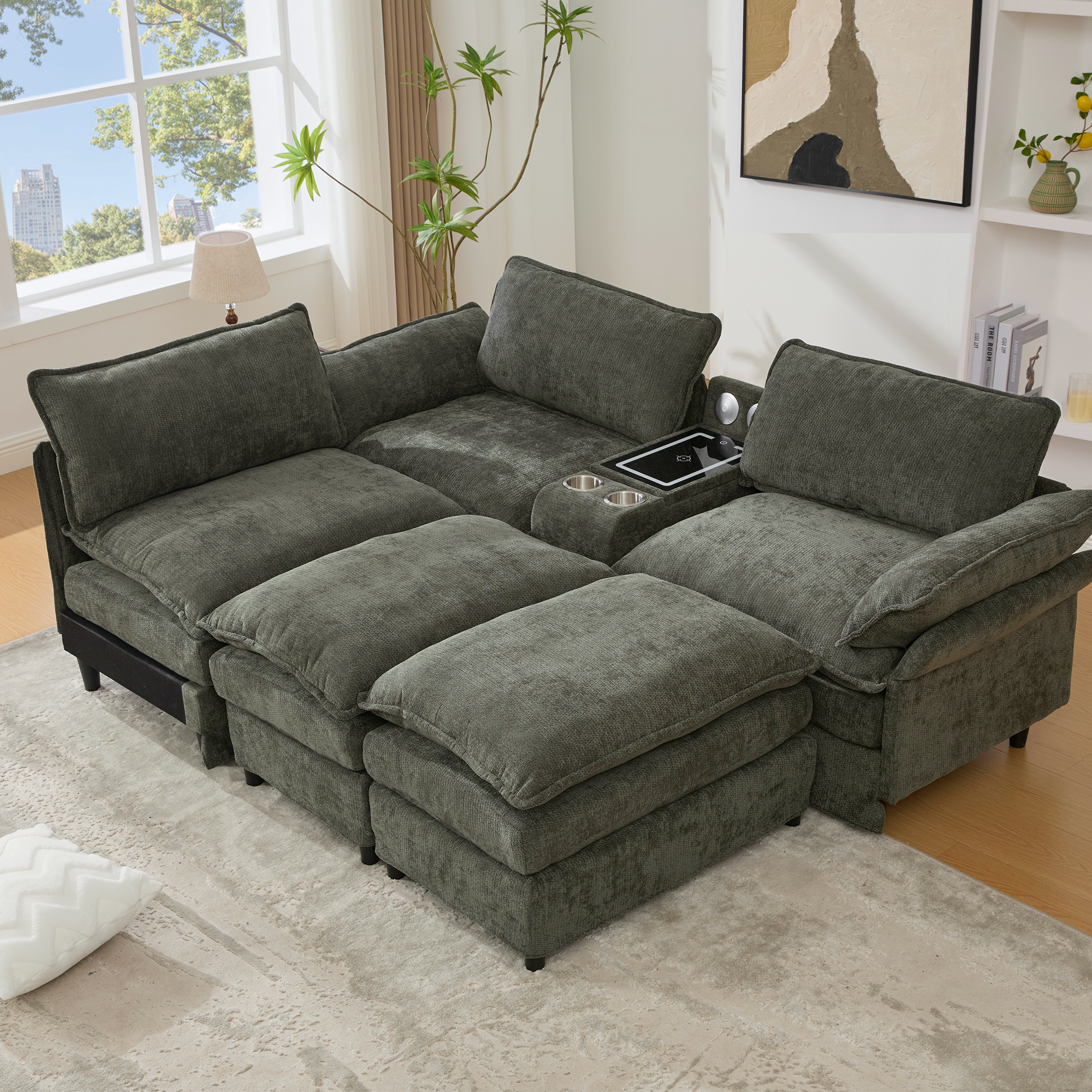 [NEW ARRIVED] [VIDEO PROVIDED]U Shaped Modular Sectional Sofa,Storage Console & Wireless Charging,2 Cup Holders,Bluetooth Speakers,2 Movable Footstools,Adjustable handrail,Movable seat,Chenille,Green