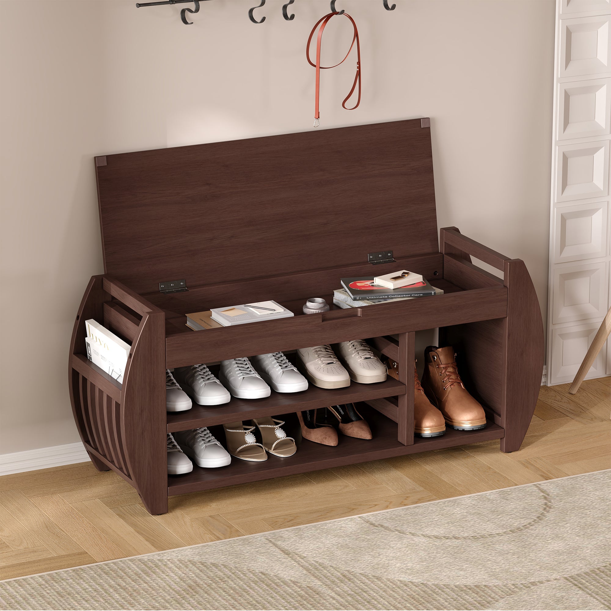 TREXM Retro Multifunctional Storage Bench with Cushion and Curved Side Panel for Entrance and Living Room (Espresso)