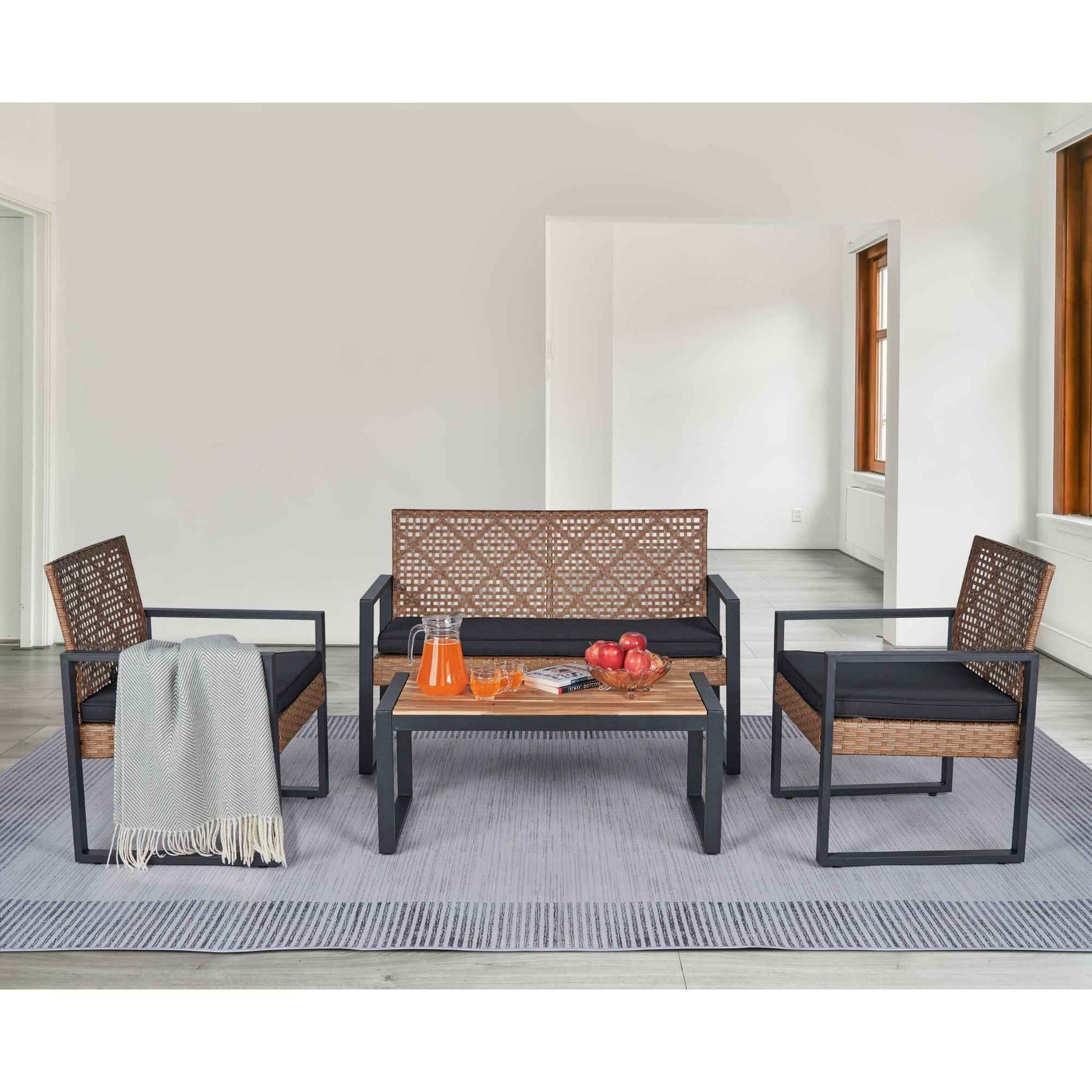 Modern Outdoor 4-Piece Patio Furniture Set with Acacia Wood Table Top, Black and Light Brown