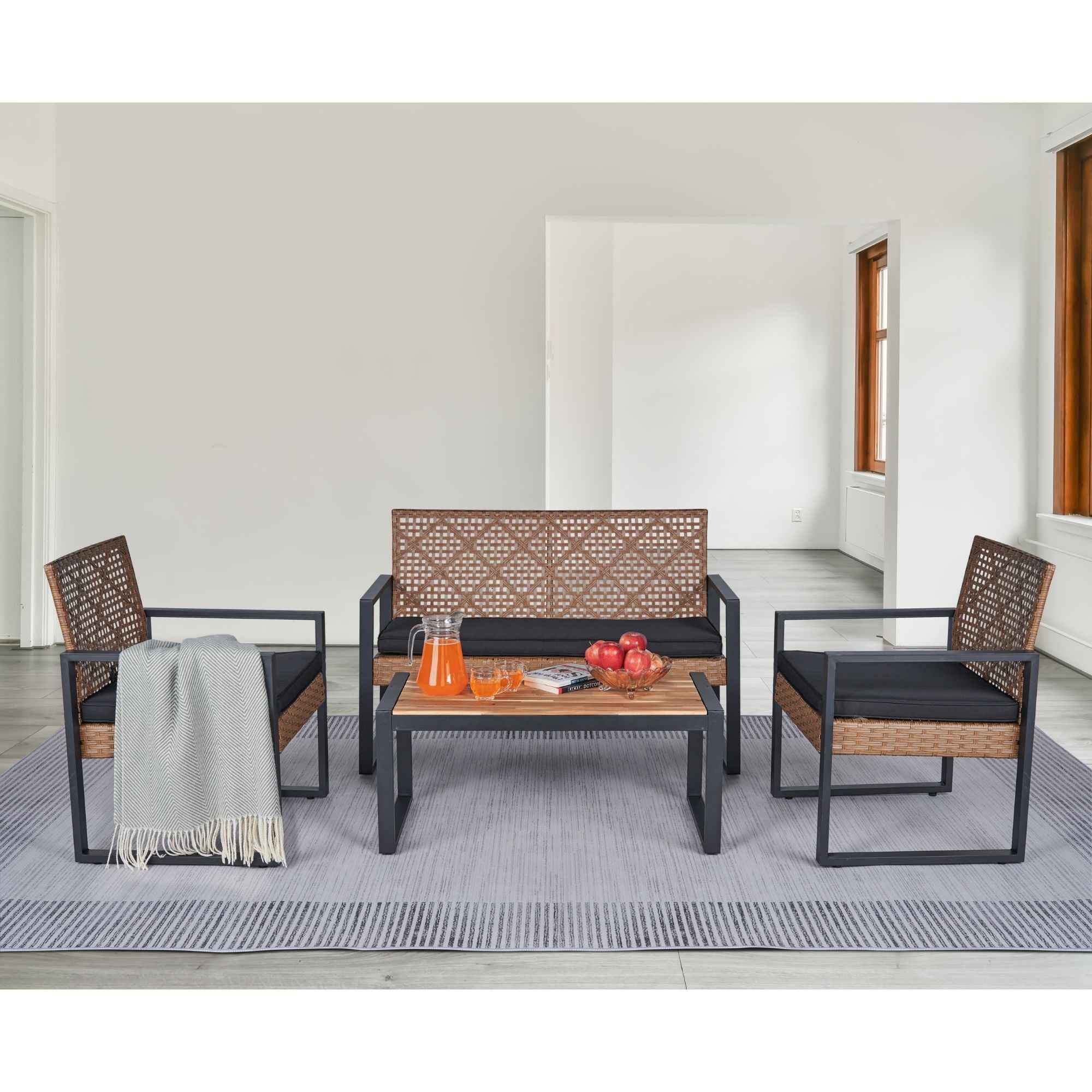 Modern Outdoor 4-Piece Patio Furniture Set with Acacia Wood Table Top, Black and Light Brown
