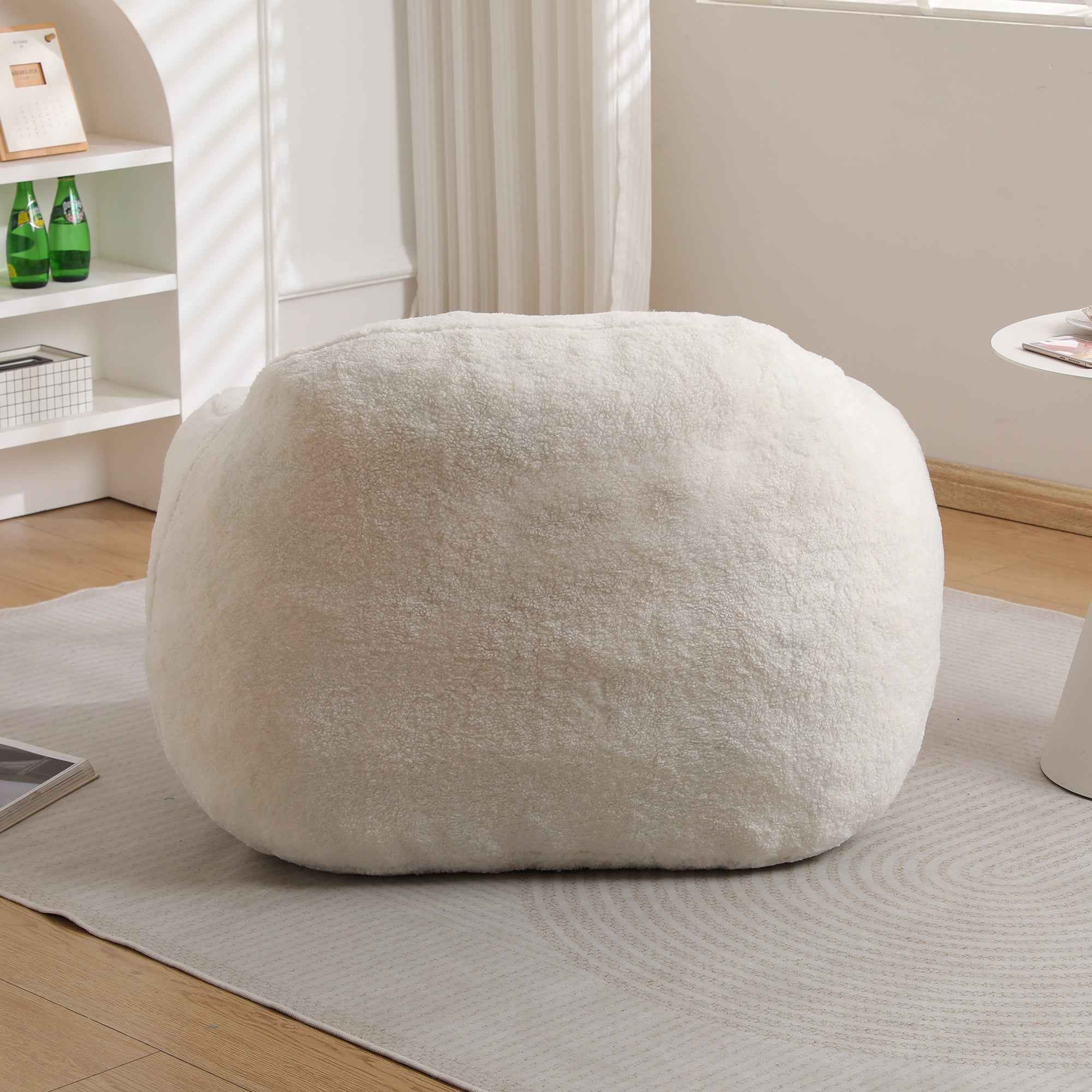 Giant Bean Bag Chair for Adults, Spacious Memory Foam Bean Bag Sofa with Armrests in Off White Teddy Fabric, Comfy Seating for Living Room or Bedroom