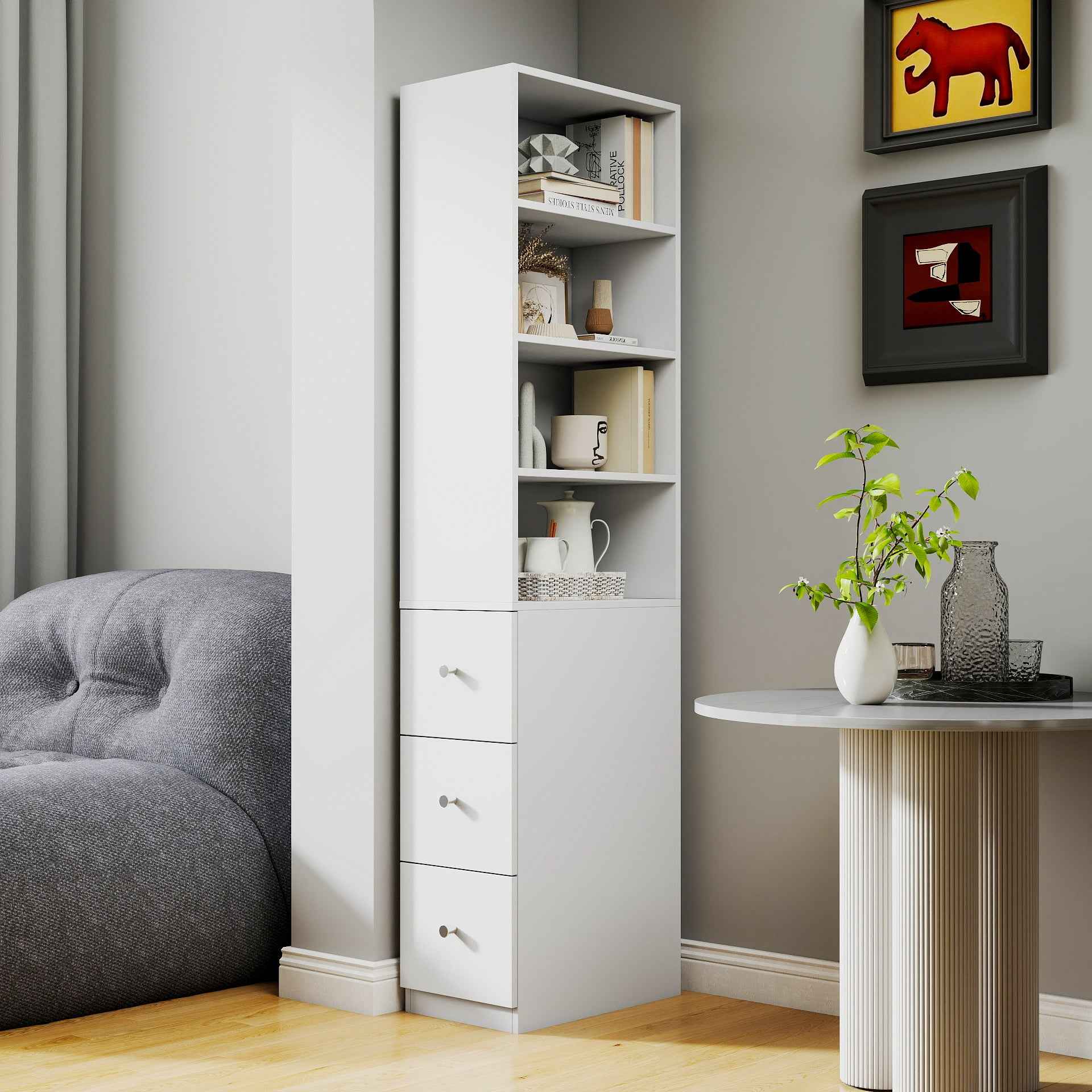 70.87' H Display Storage  Cabinet , 4-Tier Shelf, 3 Side Drawers , Modern Wooden Tall Bookshelf Bookcase for Living Room Home Office
