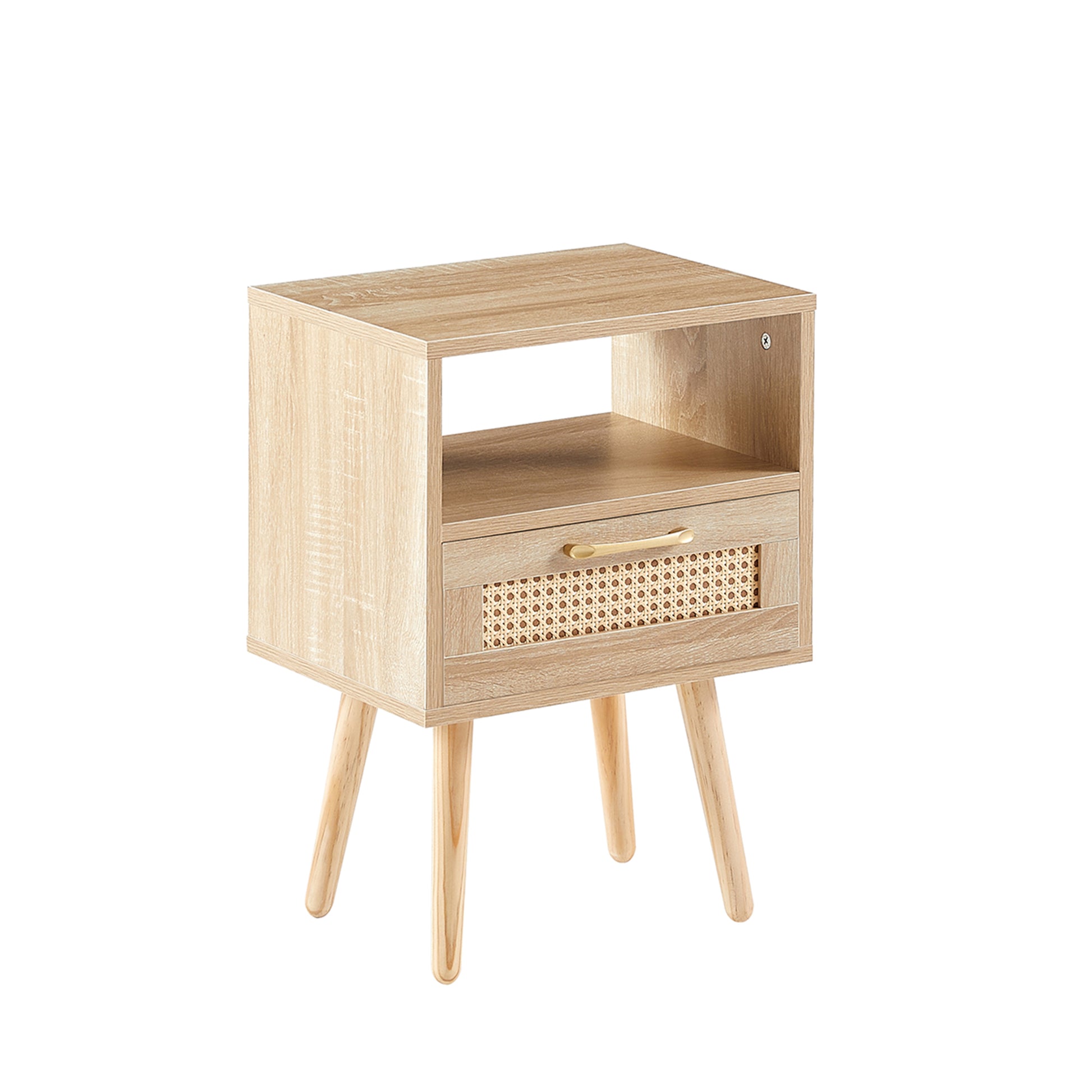 15.75" Rattan End table with  drawer and solid wood legs, Modern nightstand, side table for living room, bedroom,natural - Abrihome