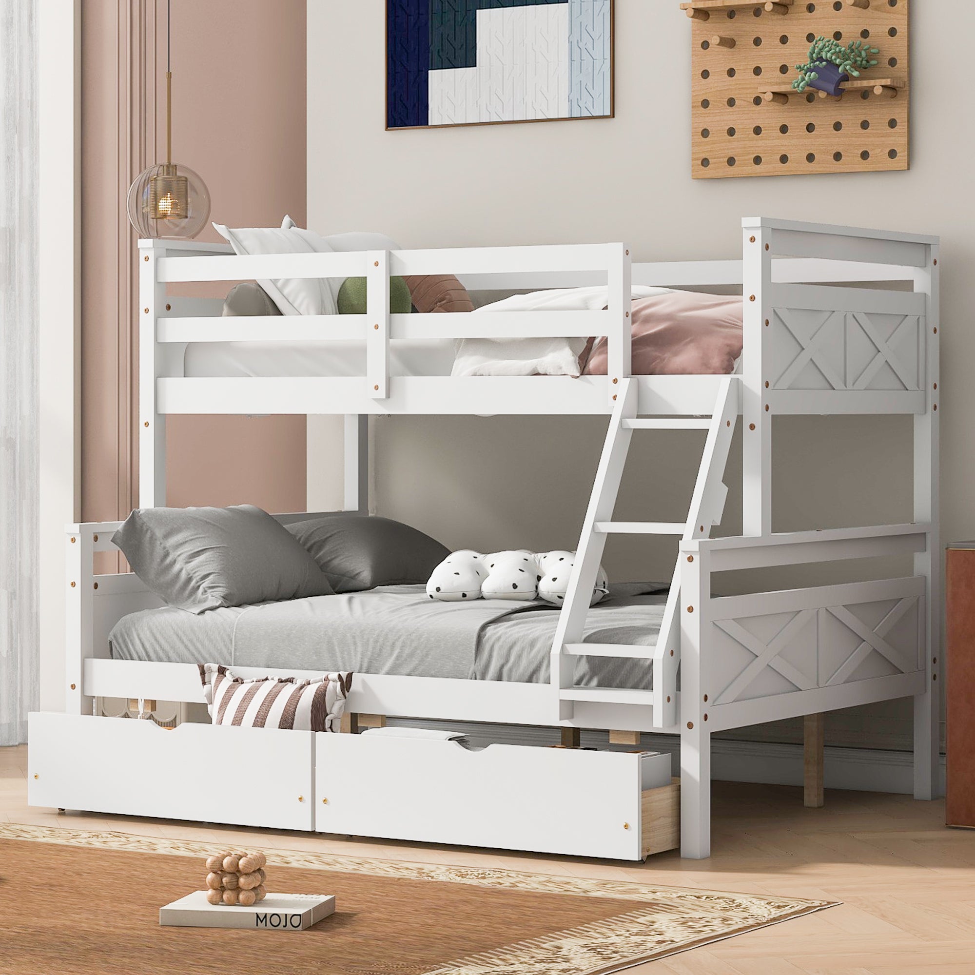 Twin over Full Bunk Bed with Ladder, Two Storage Drawers, Safety Guardrail, White - Abrihome
