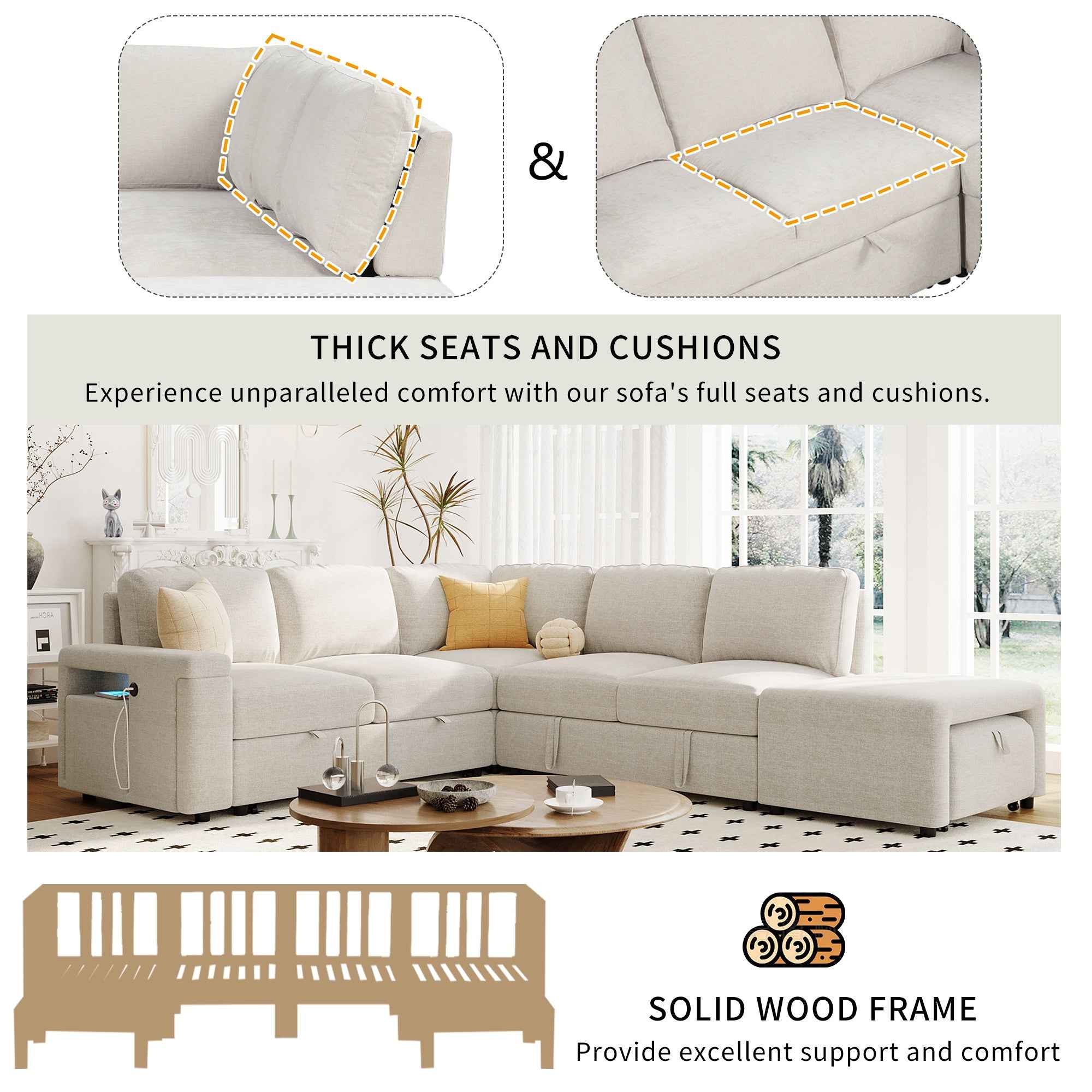 U_STYLE  L-shaped Padded Modular Sofa with Storage Space, USB Ports, and Cup Holders on the Armrests, Suitable for Living Rooms, Offices, and Apartments.