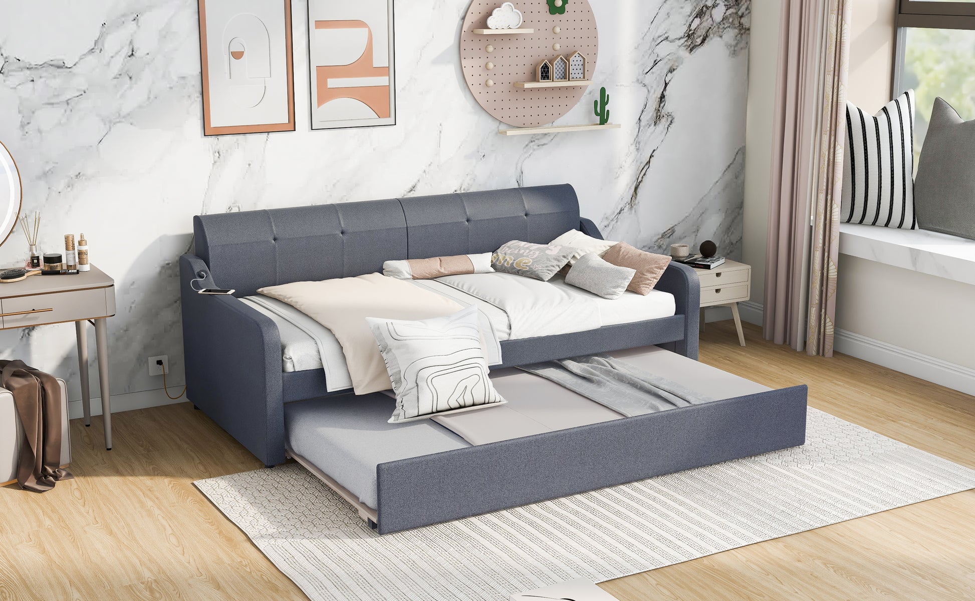 Twin Size Upholstery DayBed with Trundle and USB Charging Design,Trundle can be flat or erected,Gray - Abrihome