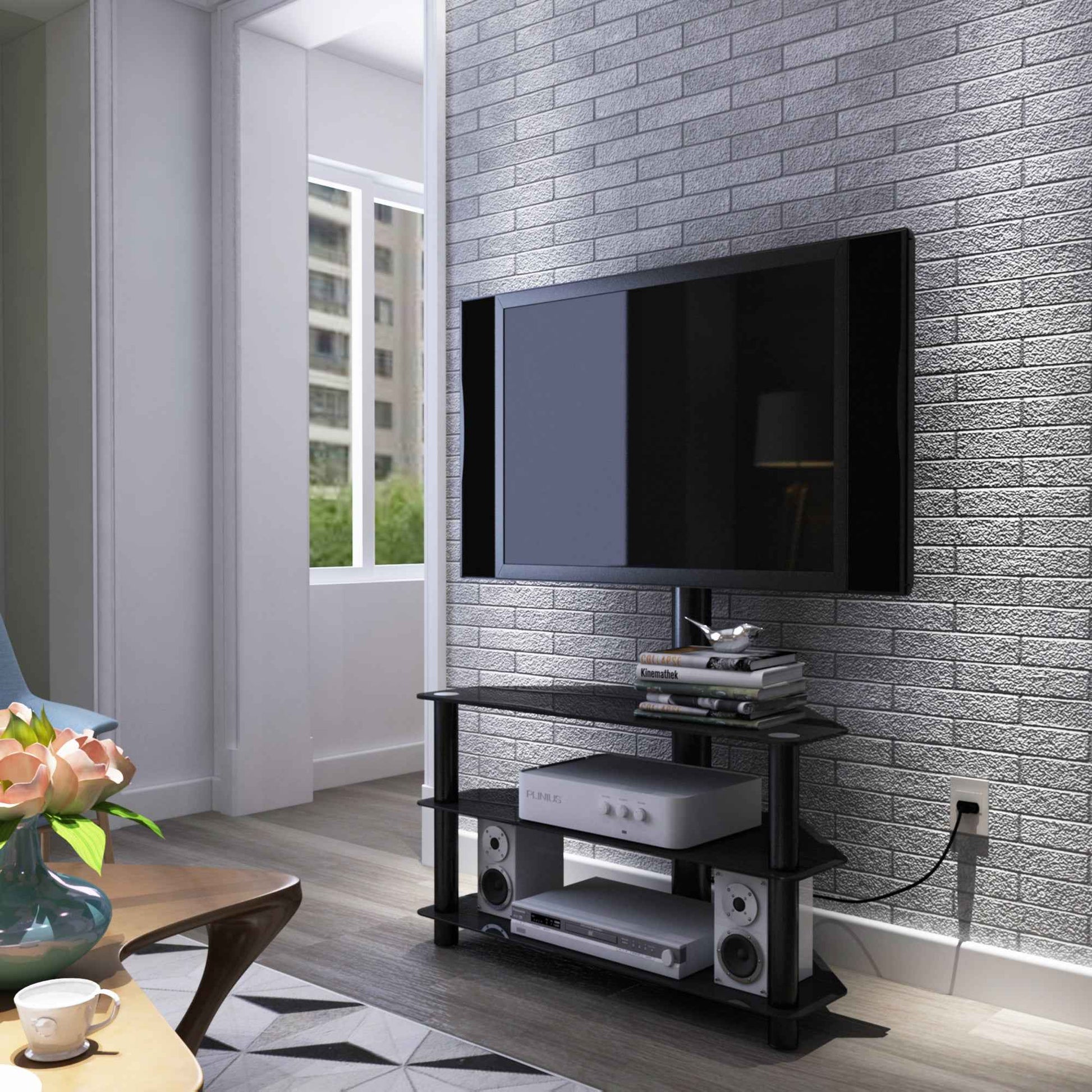 Modern Black Multi-function TV Stand with Height Adjustable Swivel Bracket and 3-Tier Tempered Glass