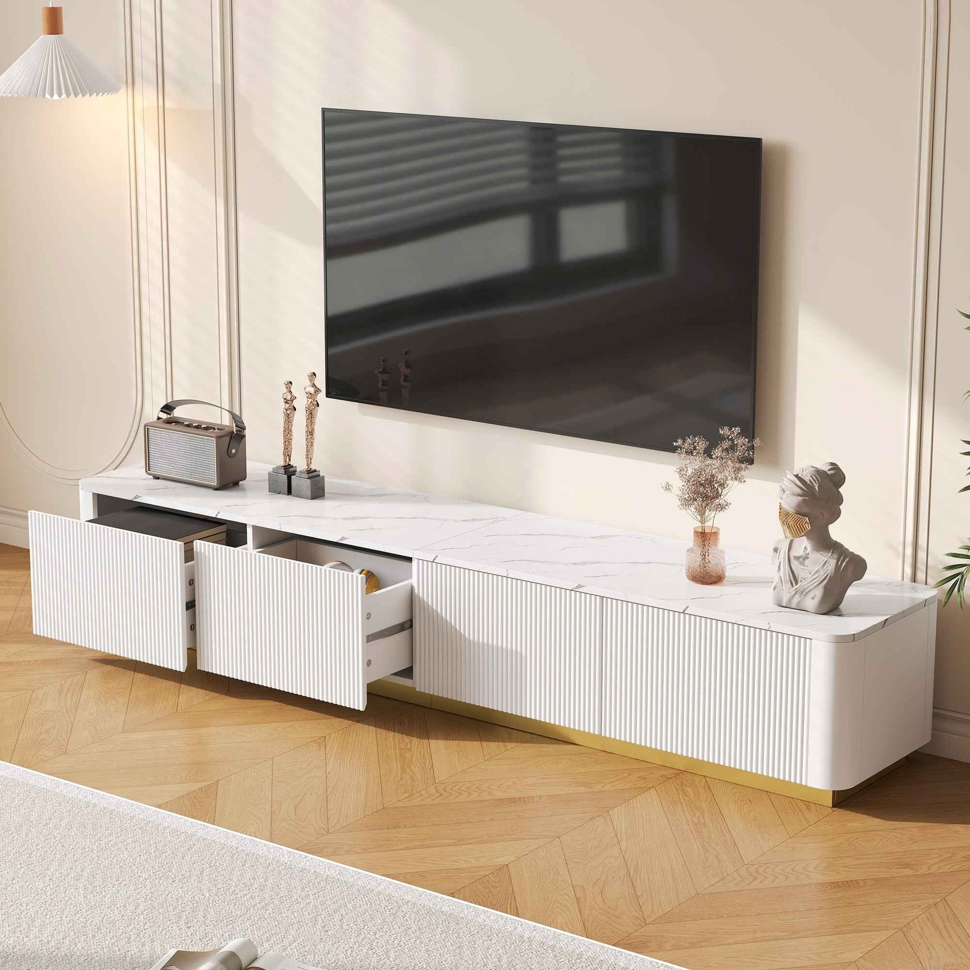 ON-TREND Luxury Fluted TV Stand for TVs Up to 85', Faux Marble Tabletop Media Console with 4 Drawers, Curved Profile Design, Modern Entertainment Center with Gold Base for Living Room, White