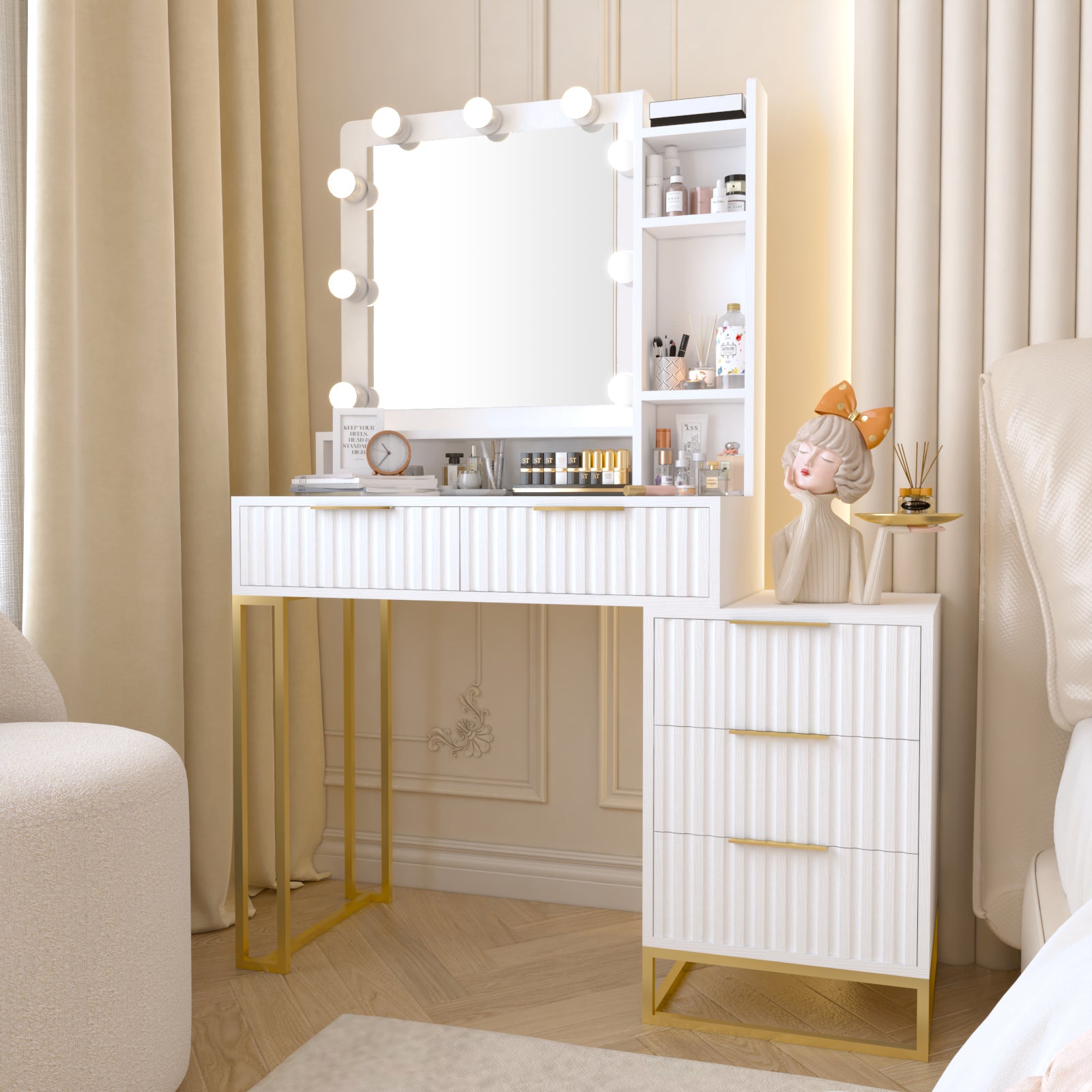 Makeup Vanity Desk with Mirror and Lights, Vanity Table, 5 Drawers, Side Cabinet, Storage Shelves for Bedroom, White