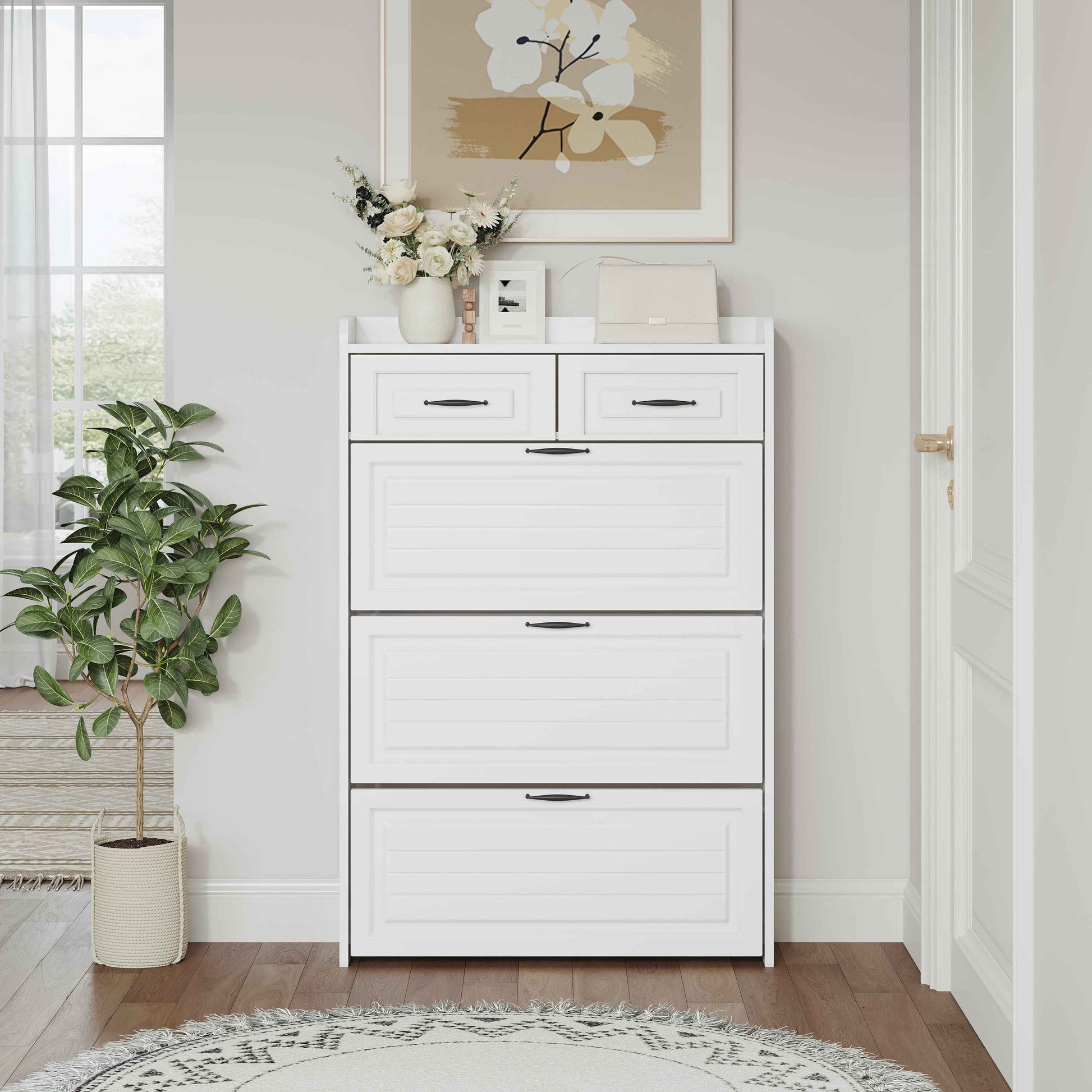 1250 White color shoe cabinet  with 3 doors 2 drawers,large space for storage