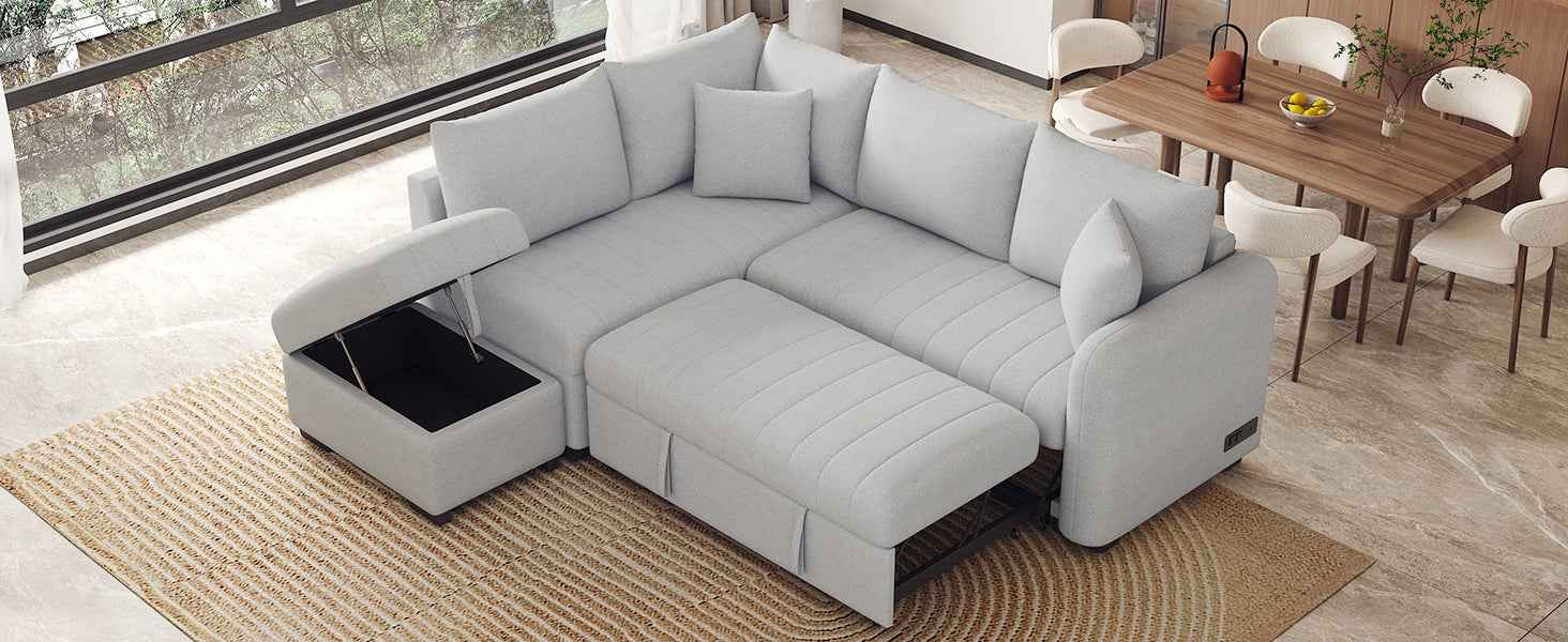 Modern L-shaped Sectional Pull Out Sofa Bed with USB Ports & Storage Ottoman, Gray Jacquard Fabric, 82.6'