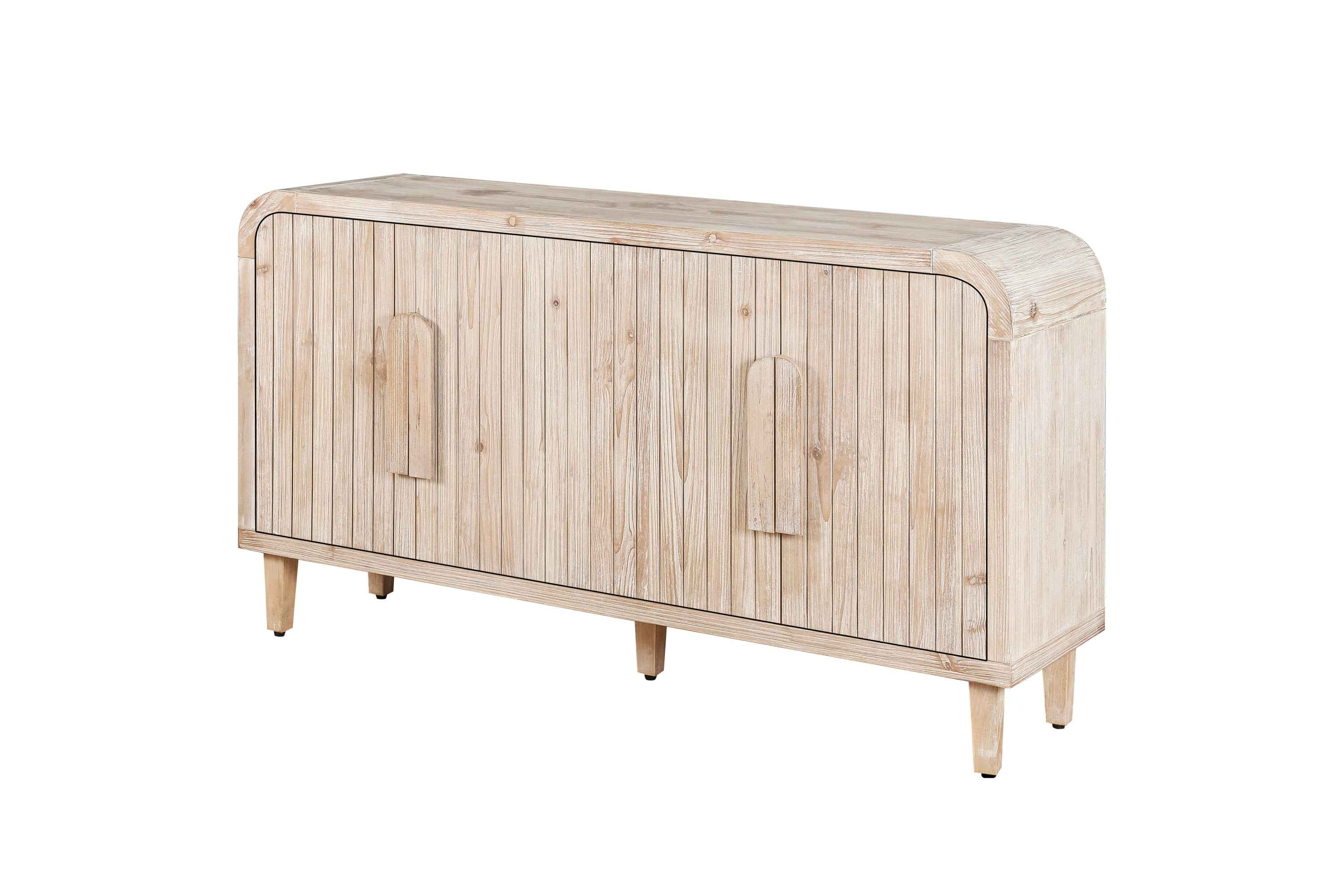 59'' Farmhouse Curved Vintage Storage Sideboard with Large Wooden Handles, Vertical Wood Grain Carving and Adjustable Shelves for Kitchen,Dining Room (Natural Wood Washed)
