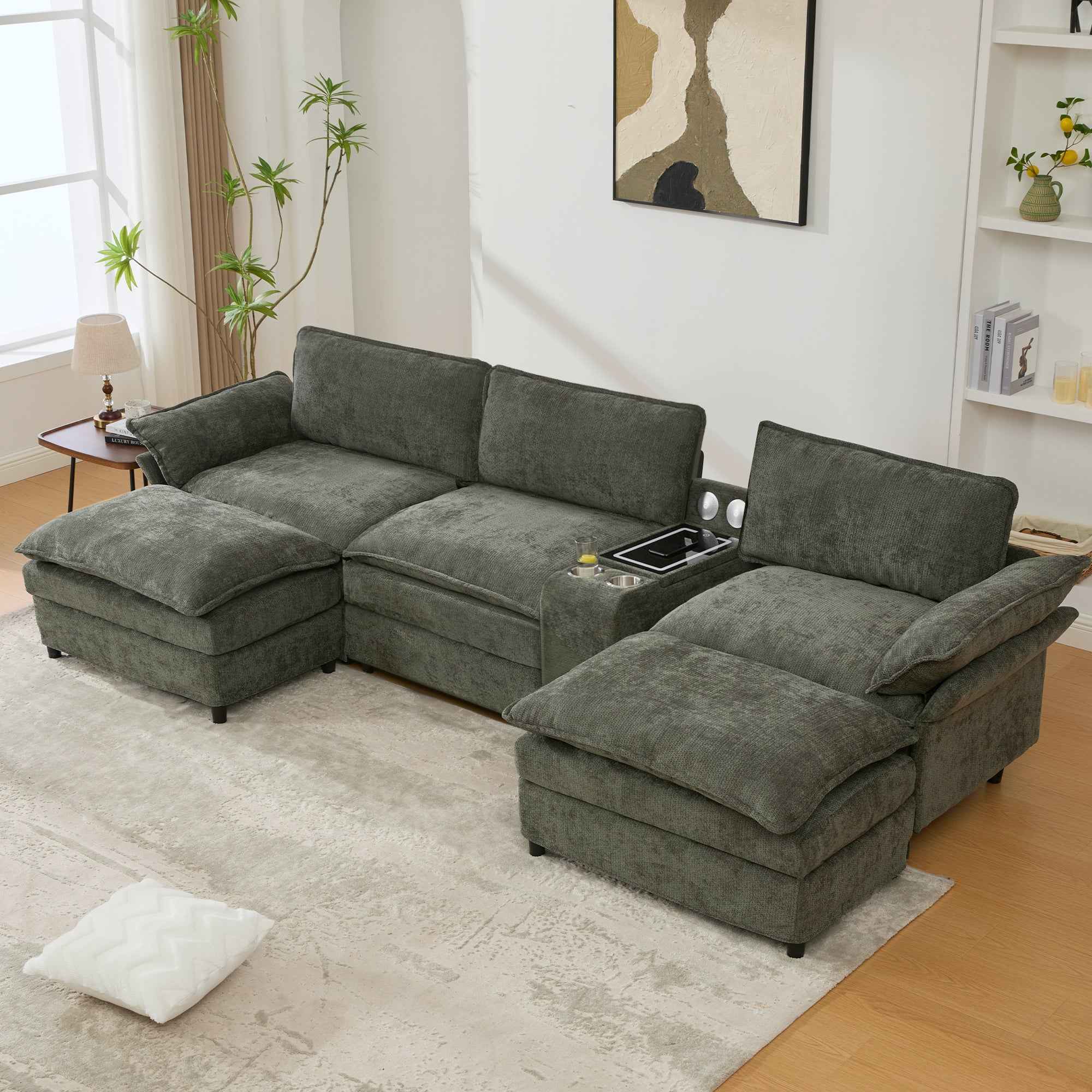 [NEW ARRIVED] [VIDEO PROVIDED]U Shaped Modular Sectional Sofa,Storage Console & Wireless Charging,2 Cup Holders,Bluetooth Speakers,2 Movable Footstools,Adjustable handrail,Movable seat,Chenille,Green