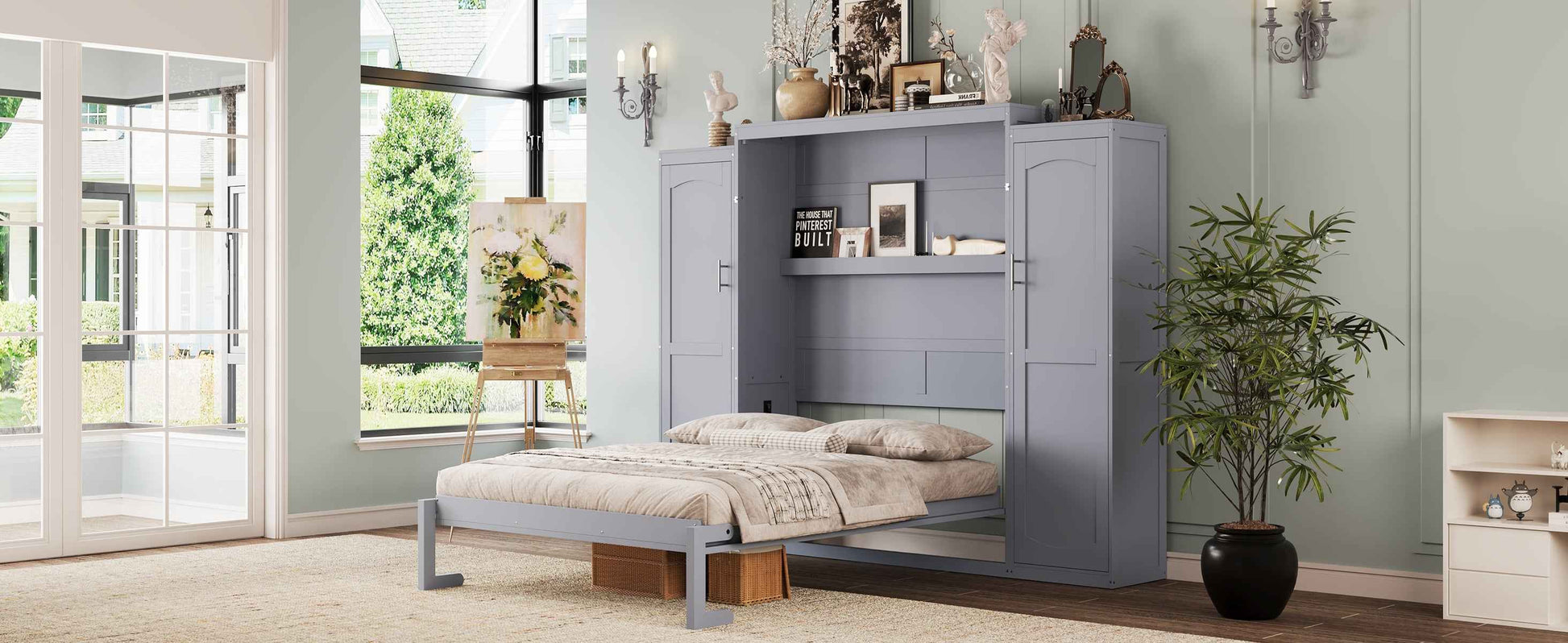 Full Size Murphy Bed, Wooden Full Wall Bed with 2 Wardrobe and Storage Shelf, Multifunctional Foldable Platform Bedframe for Guest-Room, Bedroom, Gray