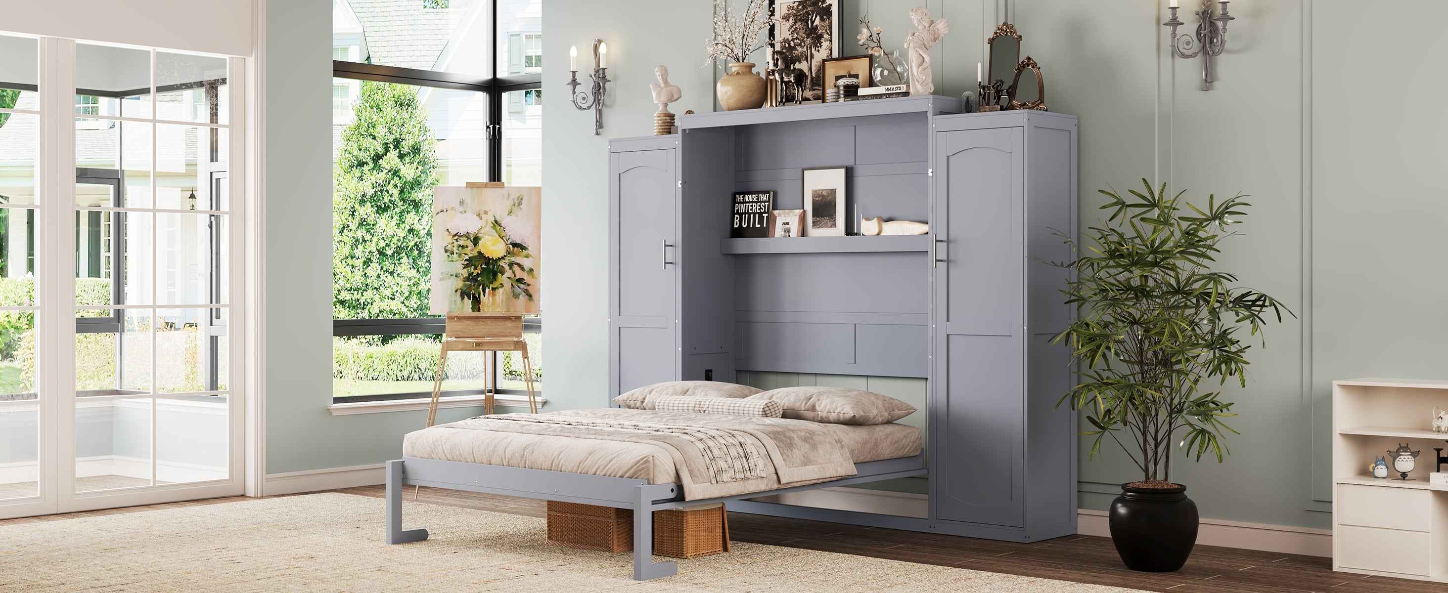 Full Size Murphy Bed, Wooden Full Wall Bed with 2 Wardrobe and Storage Shelf, Multifunctional Foldable Platform Bedframe for Guest-Room, Bedroom, Gray